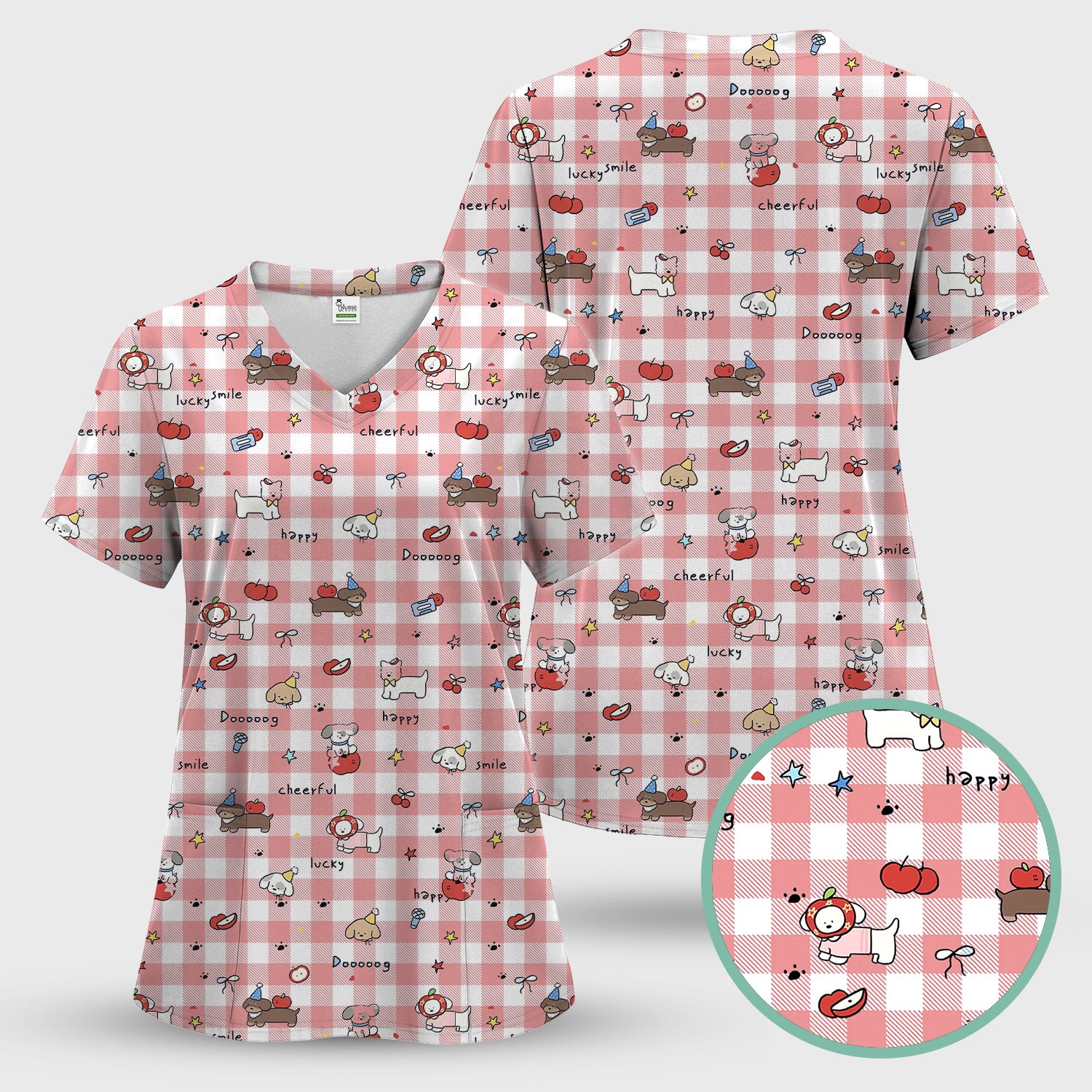 Cute Nurse Cartoon Puppy Apple Gingham Scrub Top, Breathable Fabrics Nursing Uniform