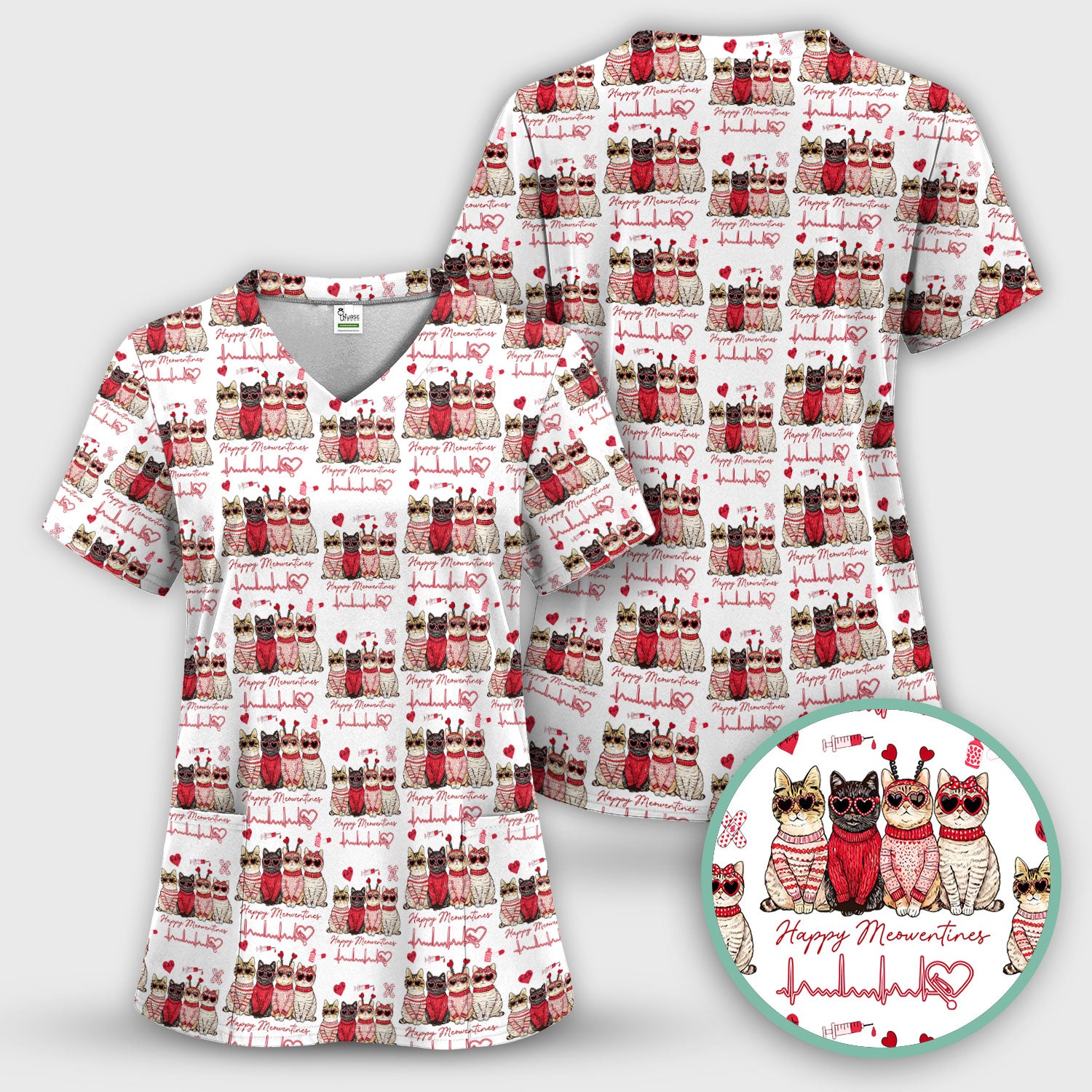 Happy Meowtines Cat Pattern Scrub Top, Valentine Cat Lover Nurse Scrub Shirt, Heartbeat Medical Pattern Nursing Uniform