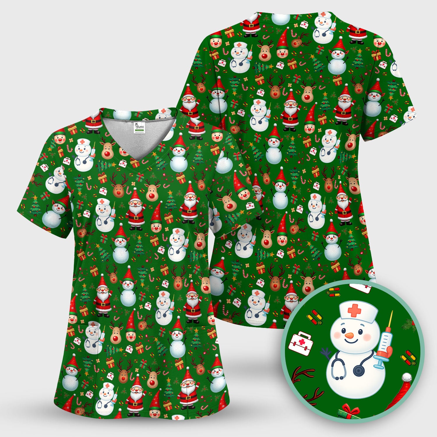 Christmas Scrub Top for Nurses - Cute Snowman Reindeer Santa Pattern - Holiday Medical Uniform RN CNA LPN Gift
