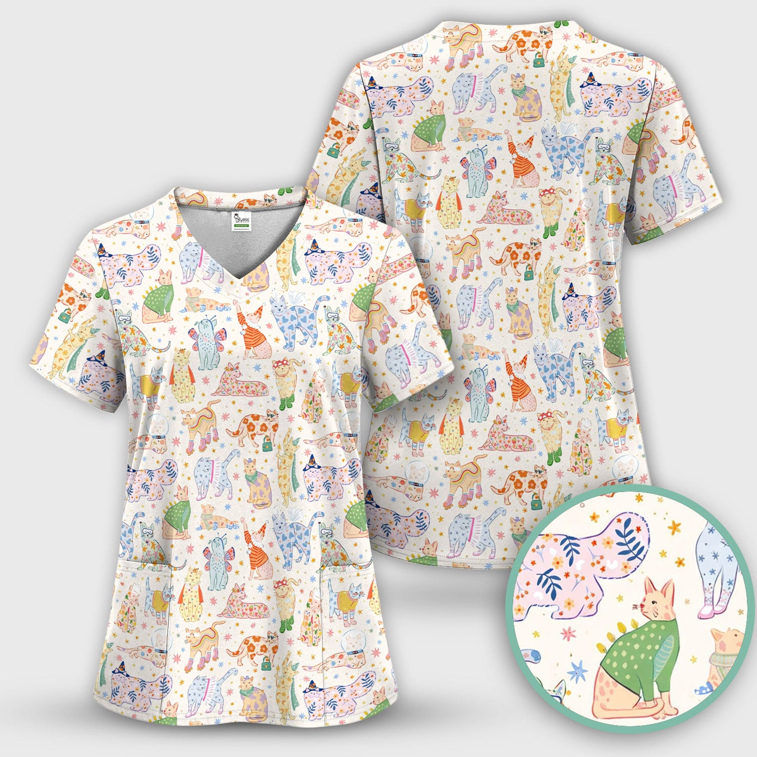 Colorful Pastel Cartoon Cats Print Scrub Top, Breathable Fabrics Nursing Uniform