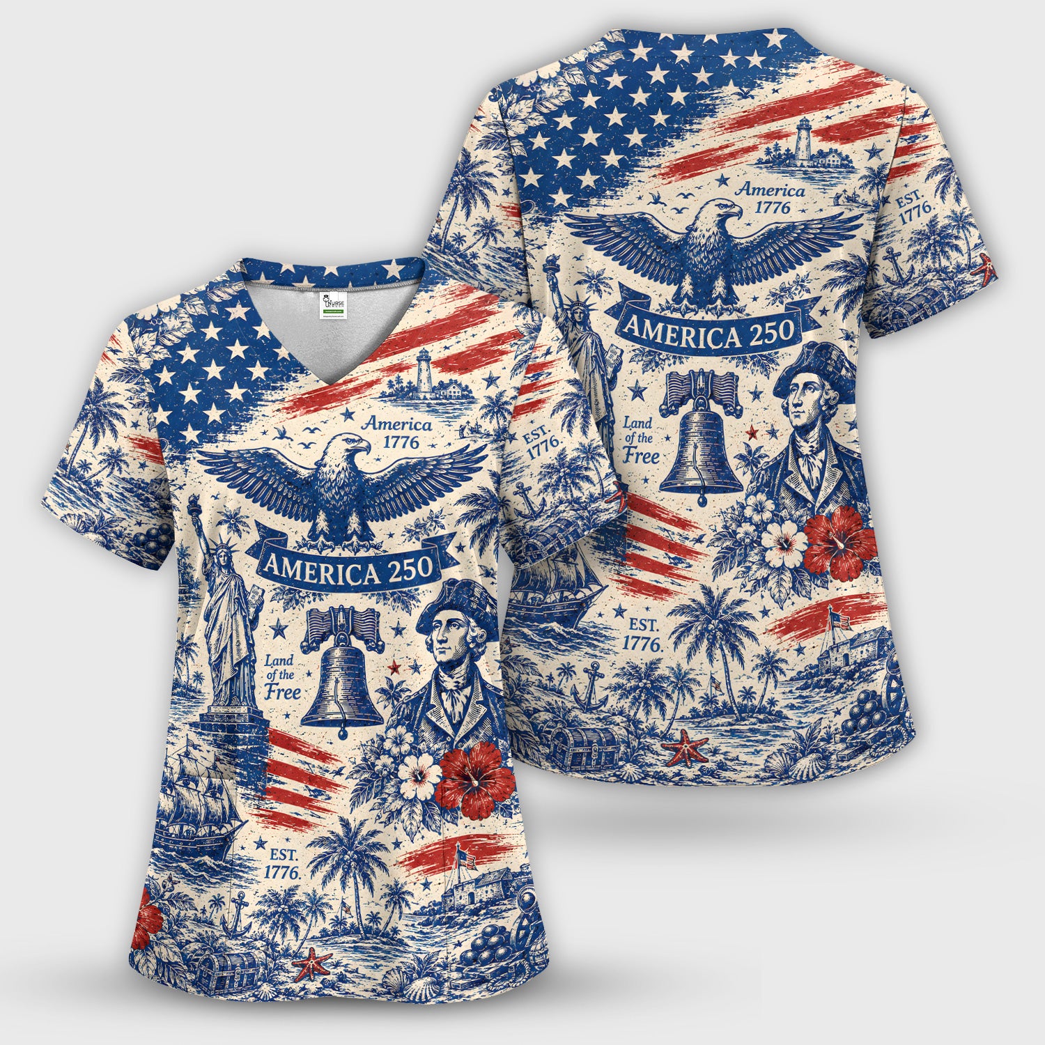 America 250 Eagle Liberty Pattern Scrub Top, Comfortable Scrubs for Nurses