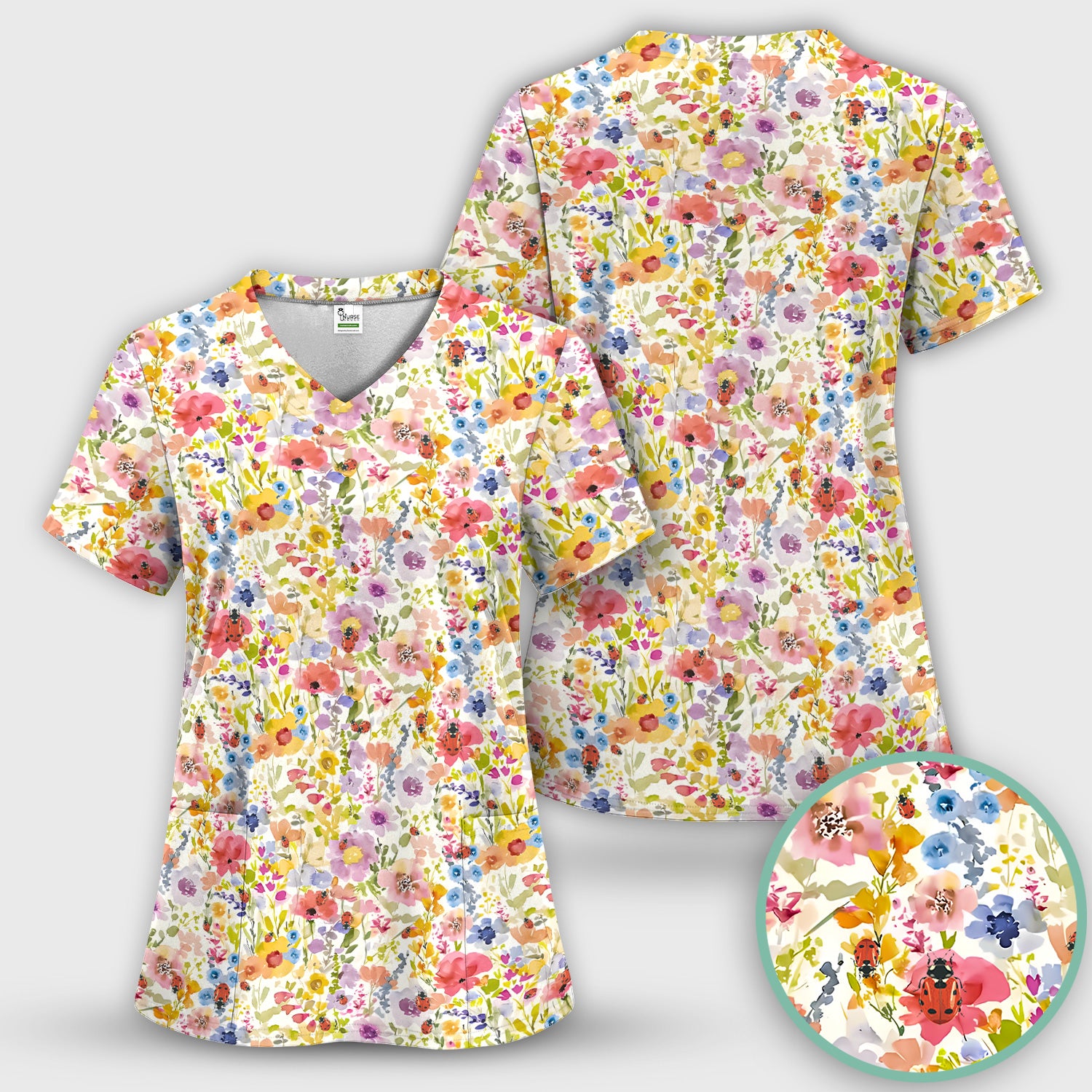 Cute Wildflower Ladybug Garden Pattern Scrub Top, Comfortable Scrubs for Nurses