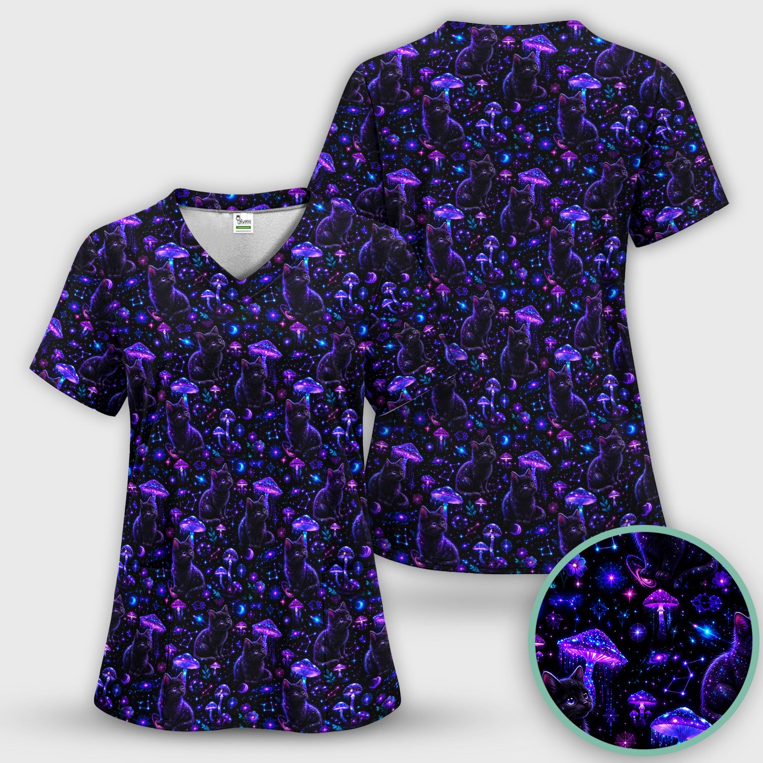 Mystical Black Cat Neon Mushroom Print Scrub Set, Scrub Pants and V Neck Top