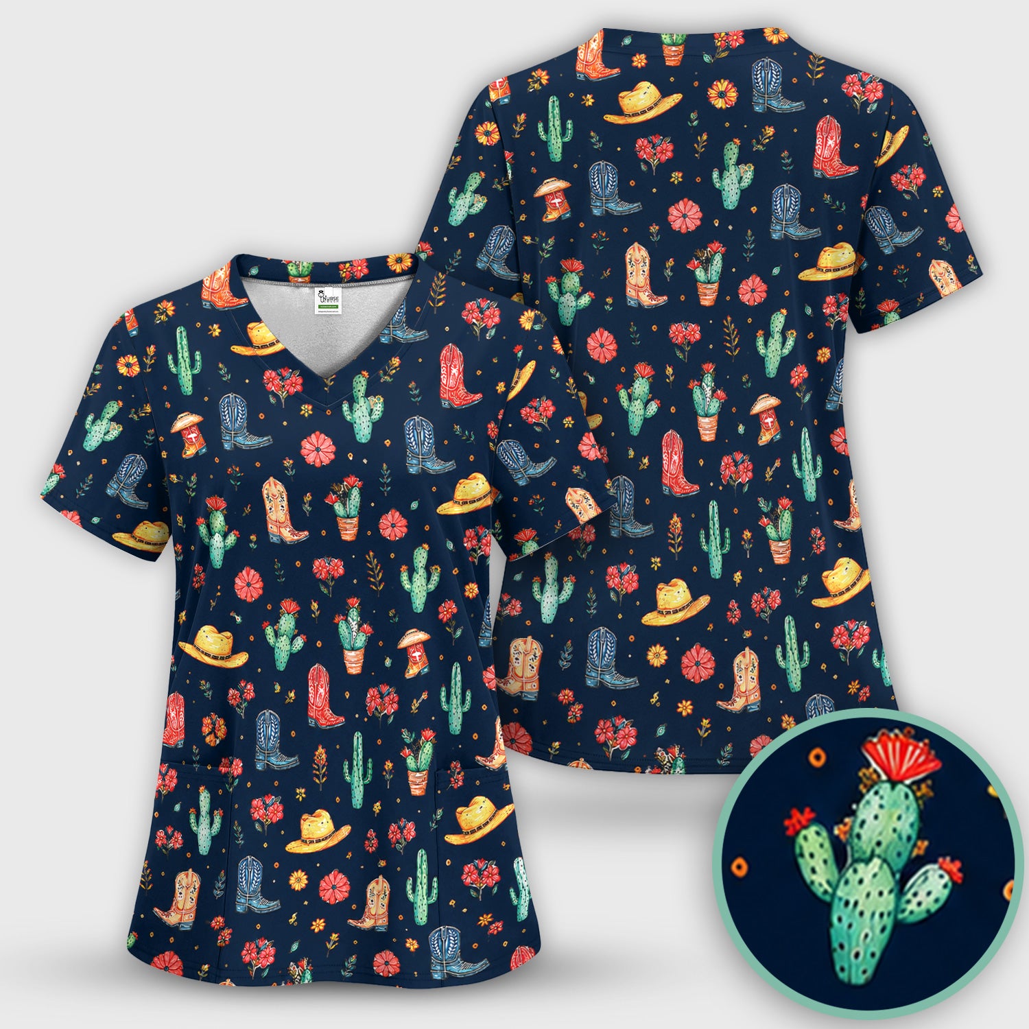 Whimsical Western Cactus Boots Pattern Scrub Top, Breathable Fabrics Nursing Uniform