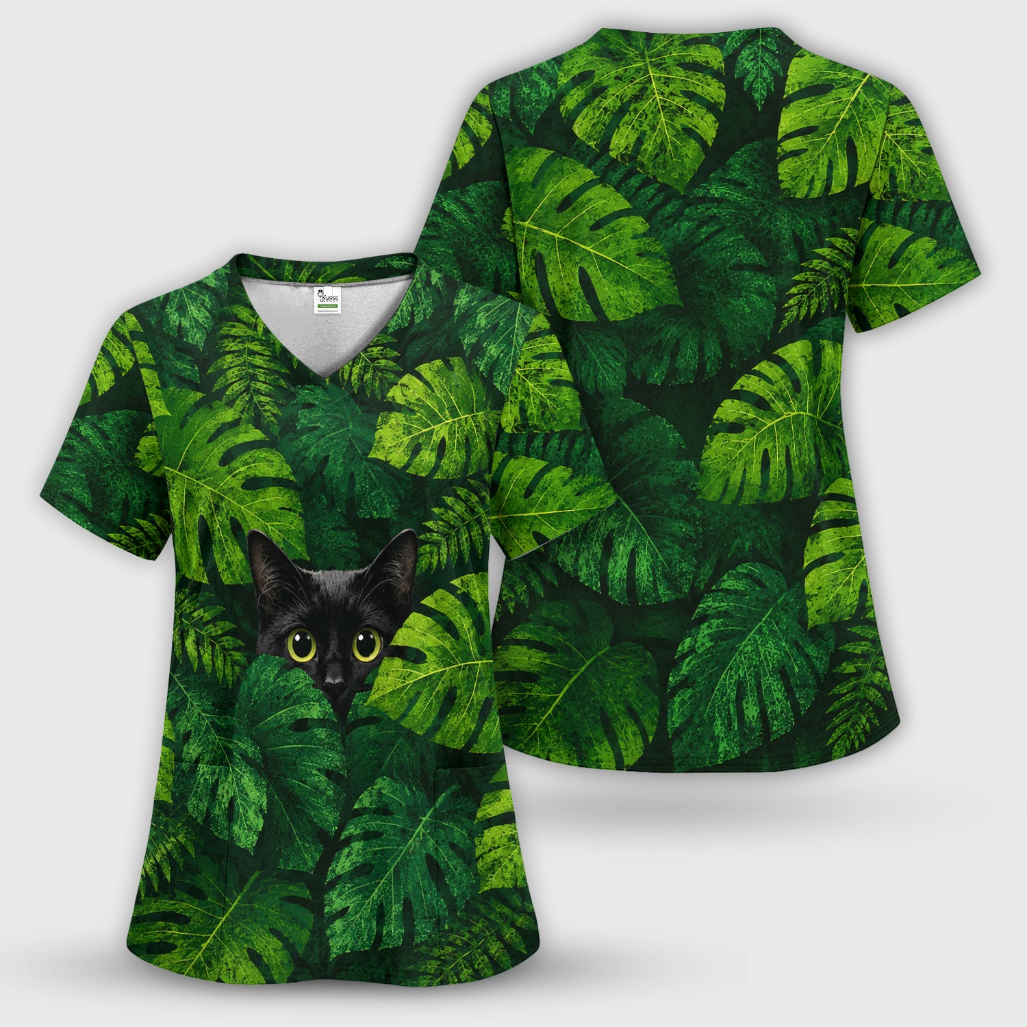 Cute Hidden Black Cat Pattern Scrub Top, Comfortable Scrubs for Nurses