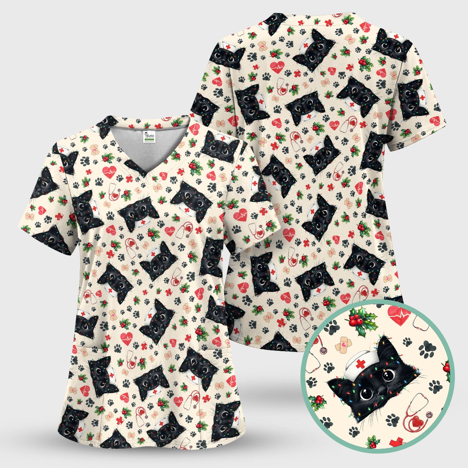 Black Cat Scrub Top for Nurse - Cute Kittens Christmas Medical Uniform - Funny Holiday Gift for Women