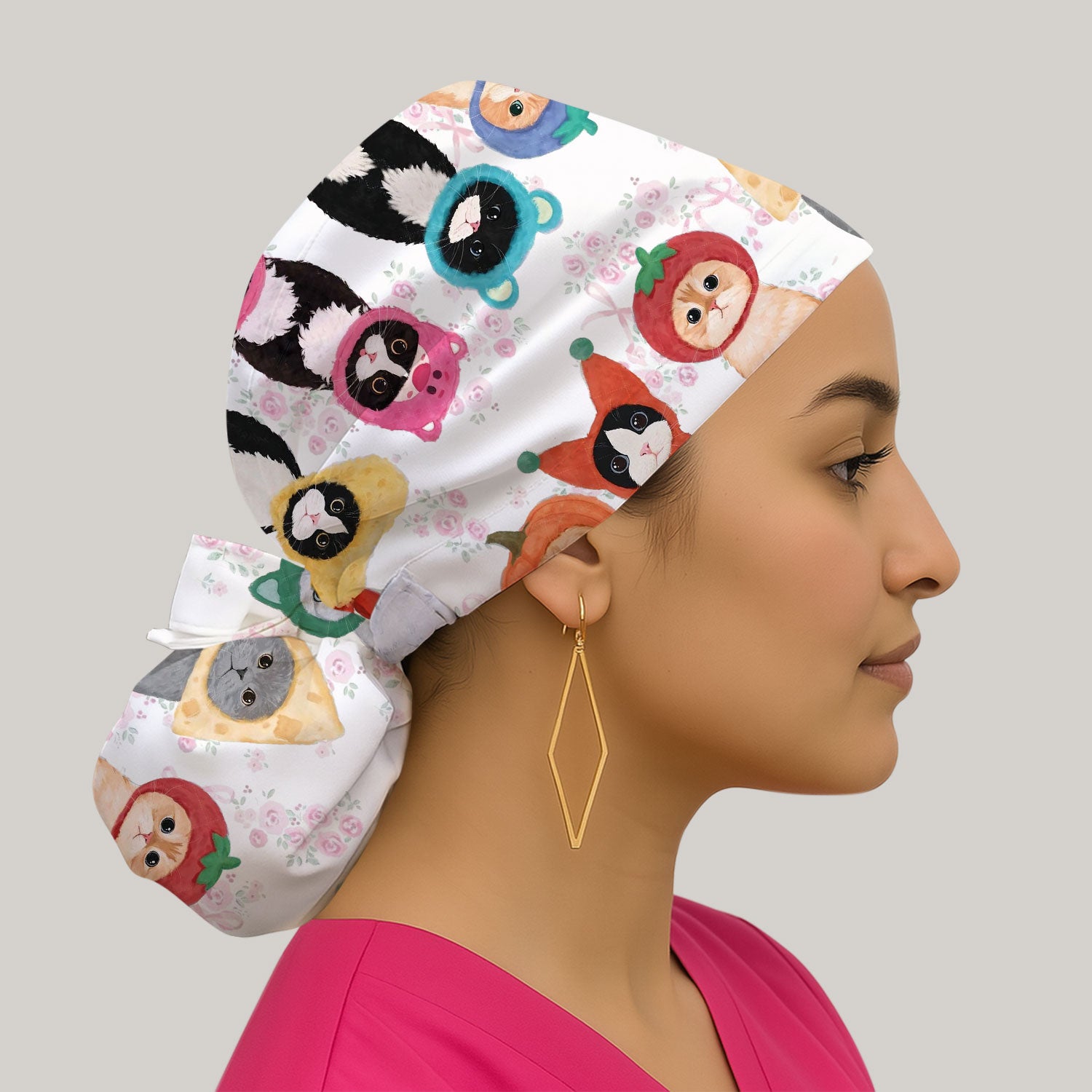Funny Cartoon Cat Print Surgical Cap, Cute Scrub Caps for Nurses