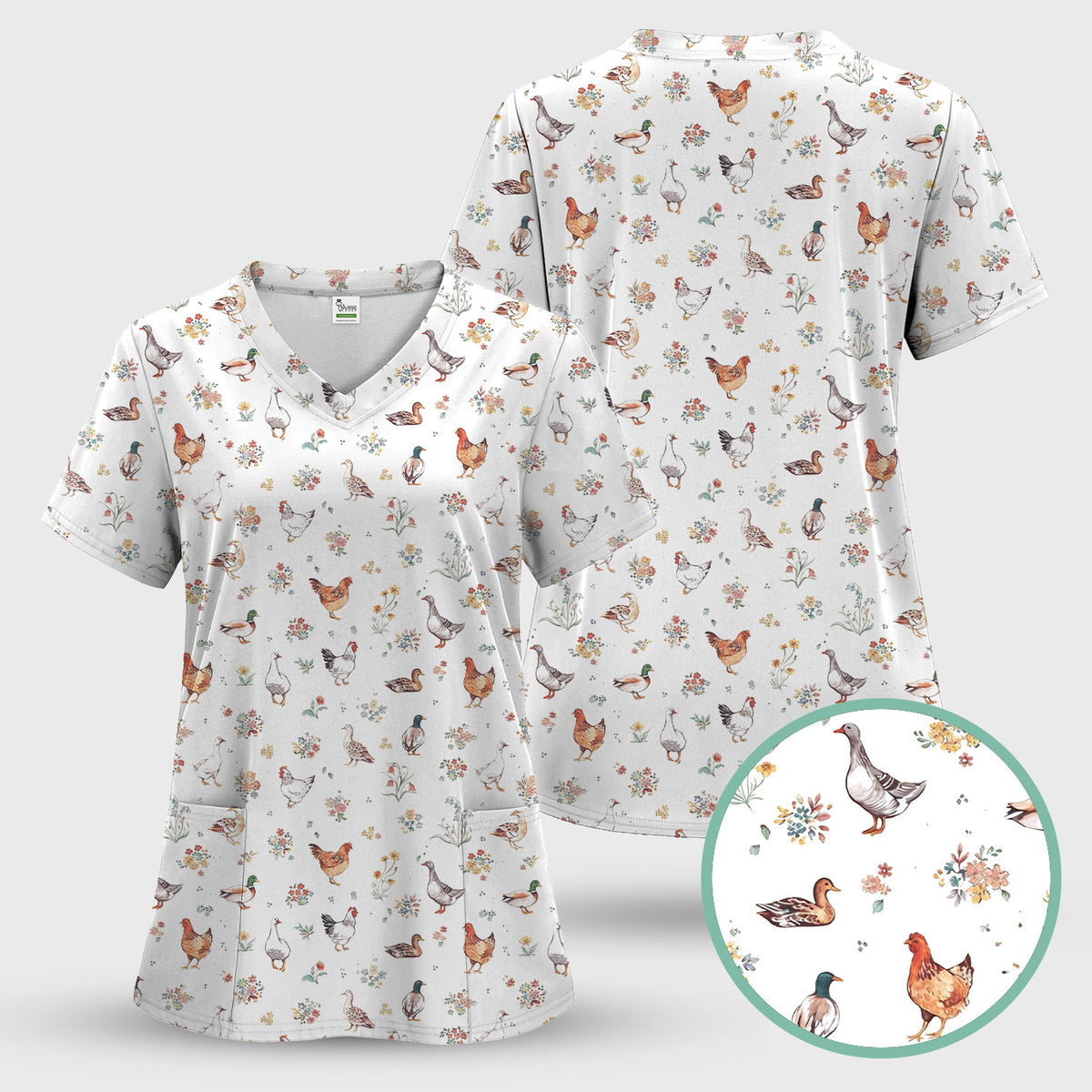 Farm Chicken Duck Floral Pattern Scrubs Sets, Scrub Pants and V Neck Top