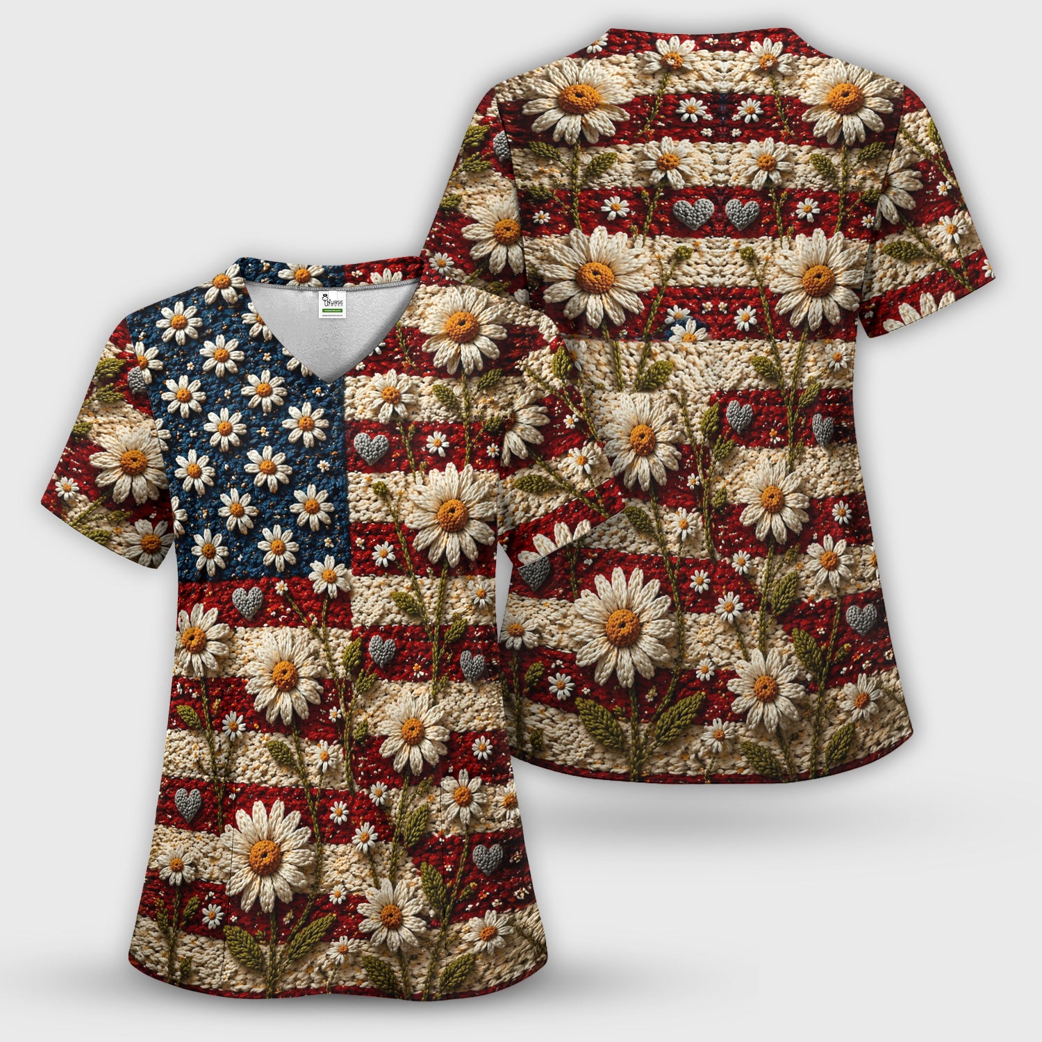 American Flag Daisy Floral Knit Texture Pattern Scrub Top, Breathable Fabrics Nursing Uniform
