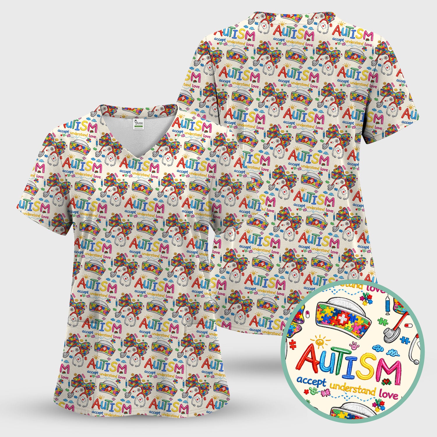 Autism Awareness Pattern Nurse Scrub Top, Accept Understand Love Puzzle Nurses Shirt, Breathable Fabrics Nursing Uniform