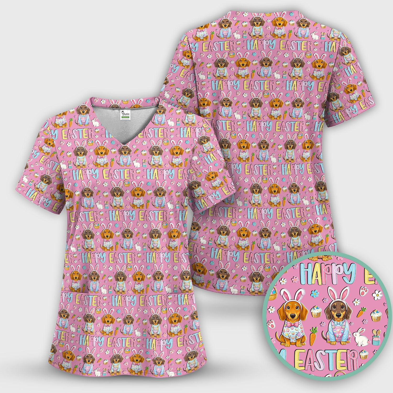 Happy Easter Dachshund Bunny Print Scrub Top, Comfortable Scrubs for Nurses