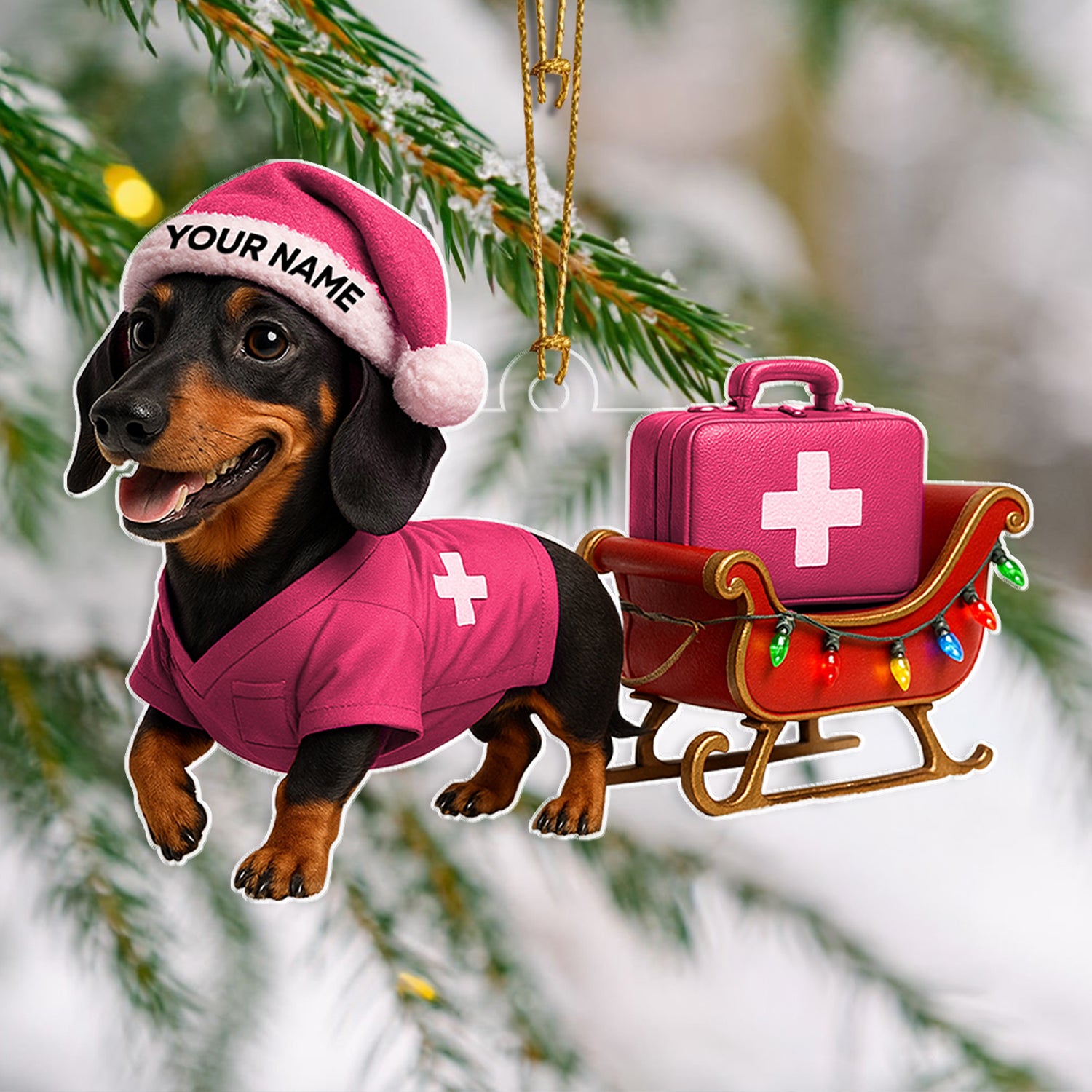 Personalized Nurse Dachshund Christmas Ornament, Custom Name Wiener Dog Ornament With Medical Sleigh, Funny Holiday Gift for Dog Lovers