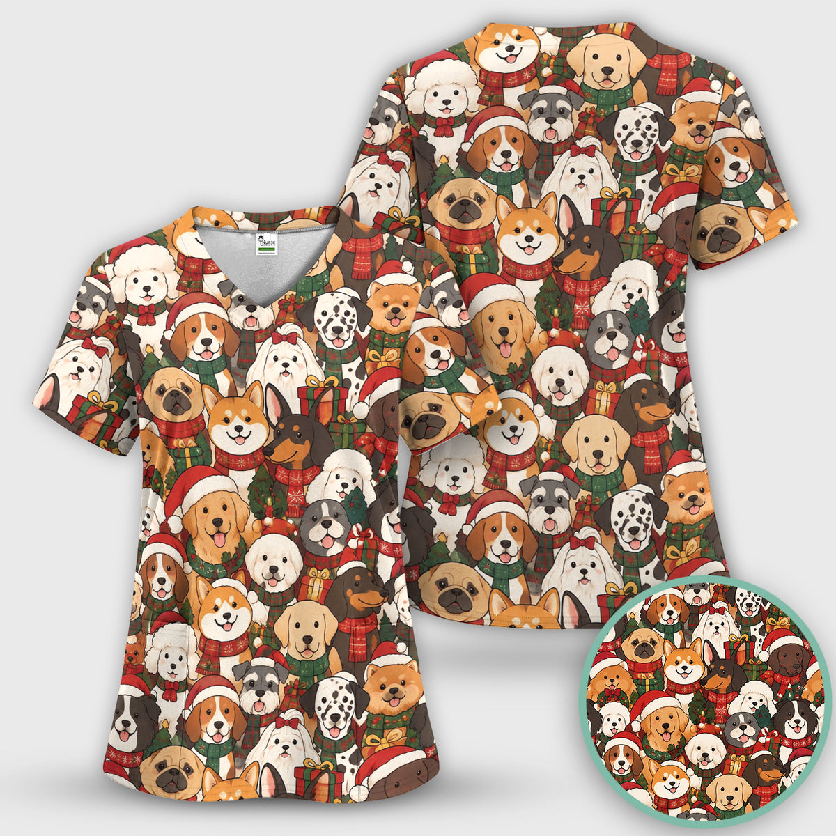 Christmas Dog Breeds Collage Pattern Scrub Set, Scrub Pants and V Neck Top