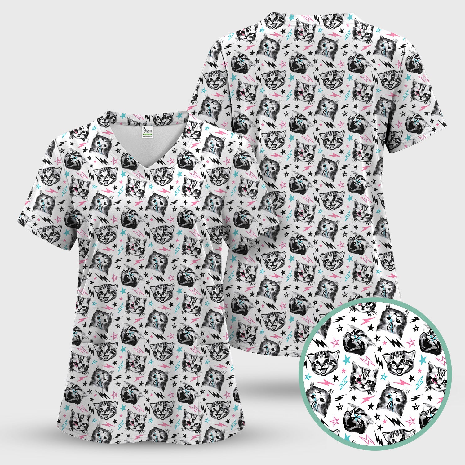 Playful Cat Faces Lightning Pattern Scrub Set, Scrub Pants and V Neck Top