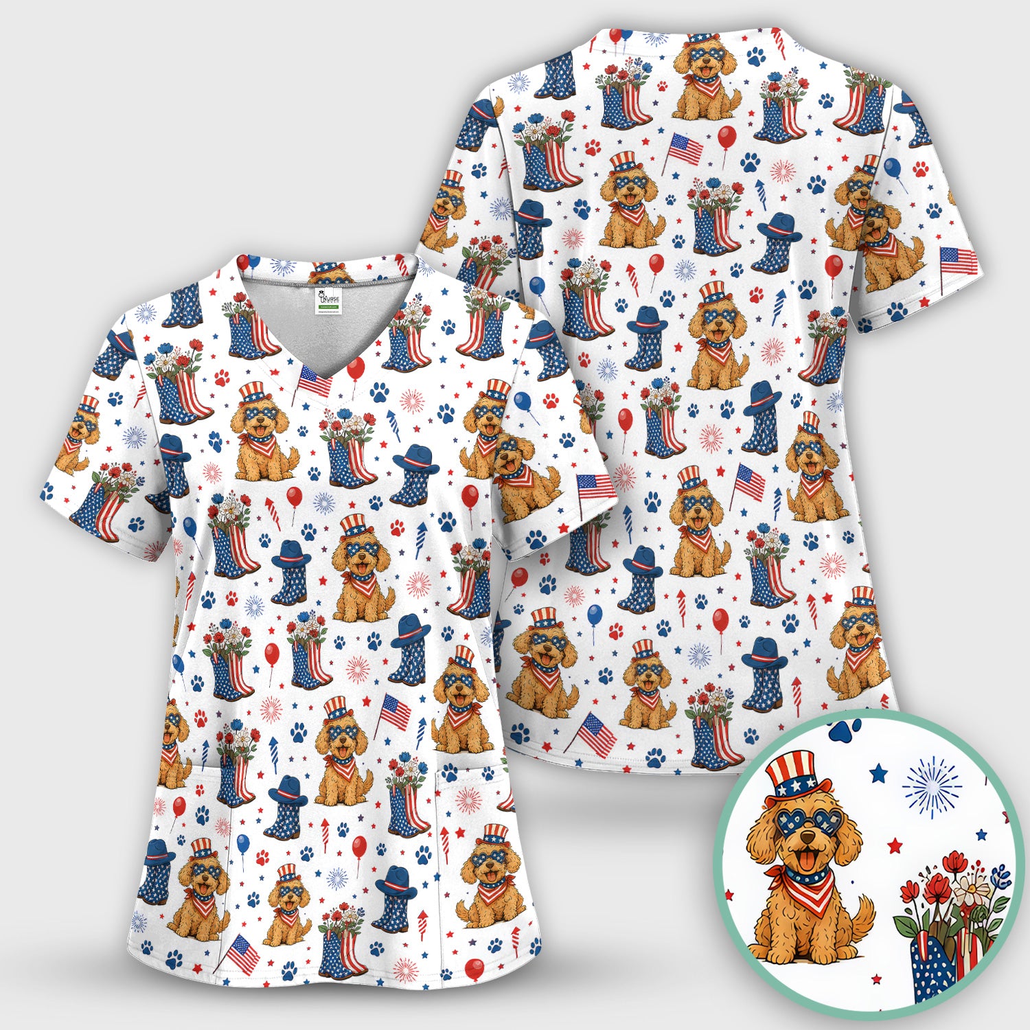Patriotic Puppy Cowboy Boots Pattern Scrub Set, Scrub Pants and V Neck Top