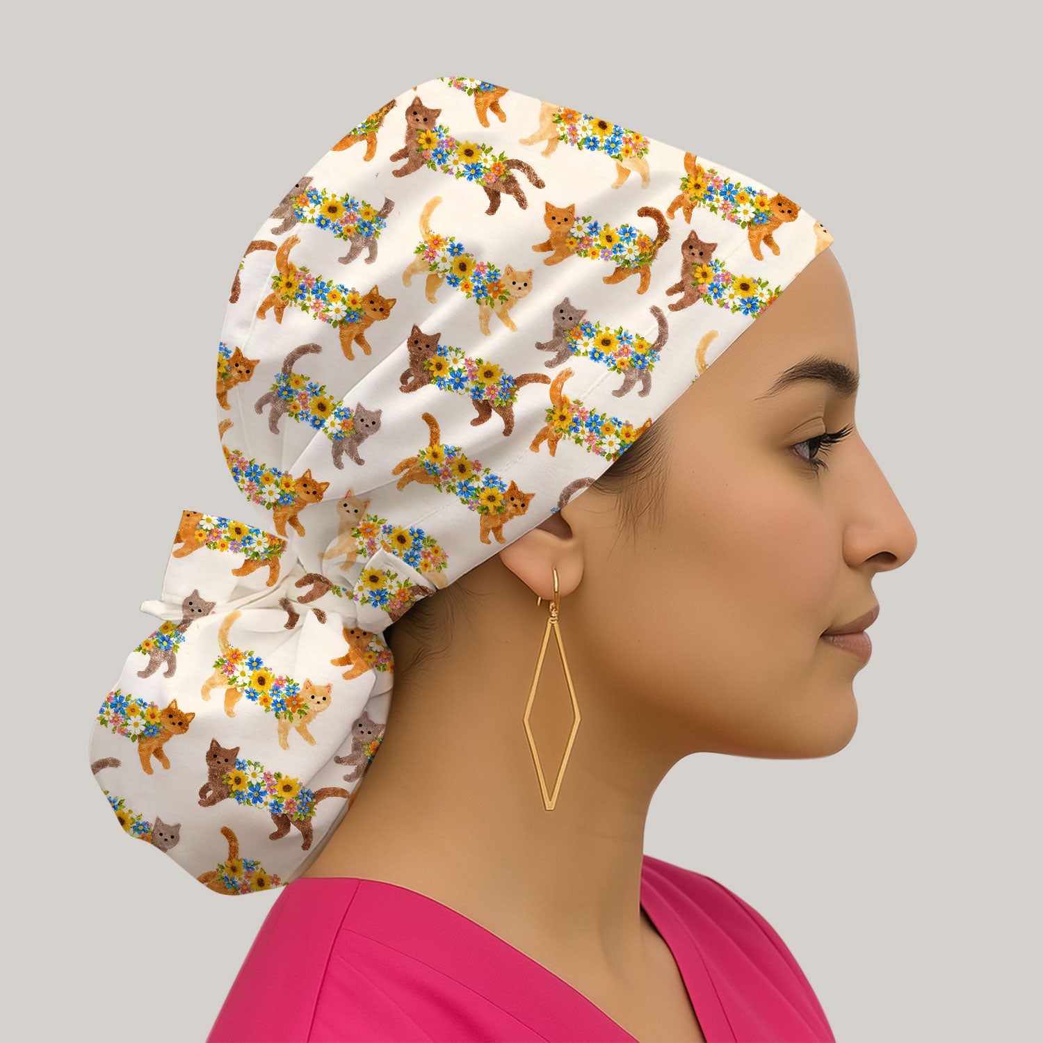 Cute Flower Filled Cat Pattern Pattern Scrub Cap, Breathable Fabrics Caps Uniform
