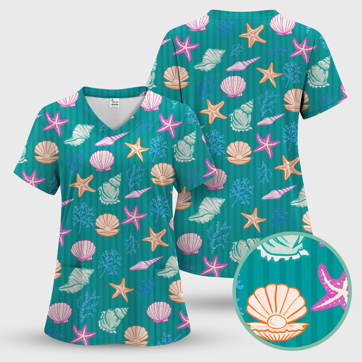 Colorful Seashell Starfish Ocean Stripe Pattern Scrub Top, Breathable Fabrics Nursing Uniform