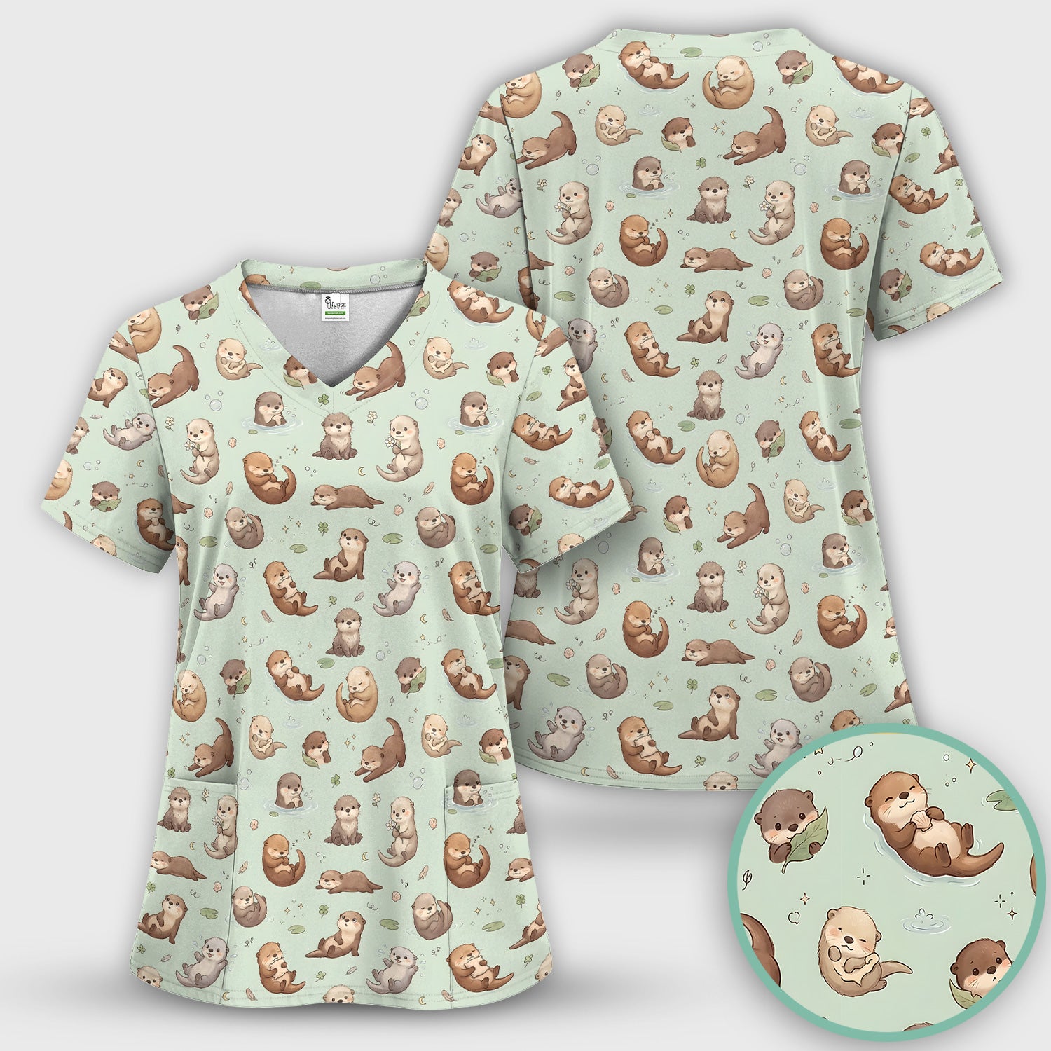 Cute Otter Pattern Scrub Top, Comfortable Scrubs for Nurses