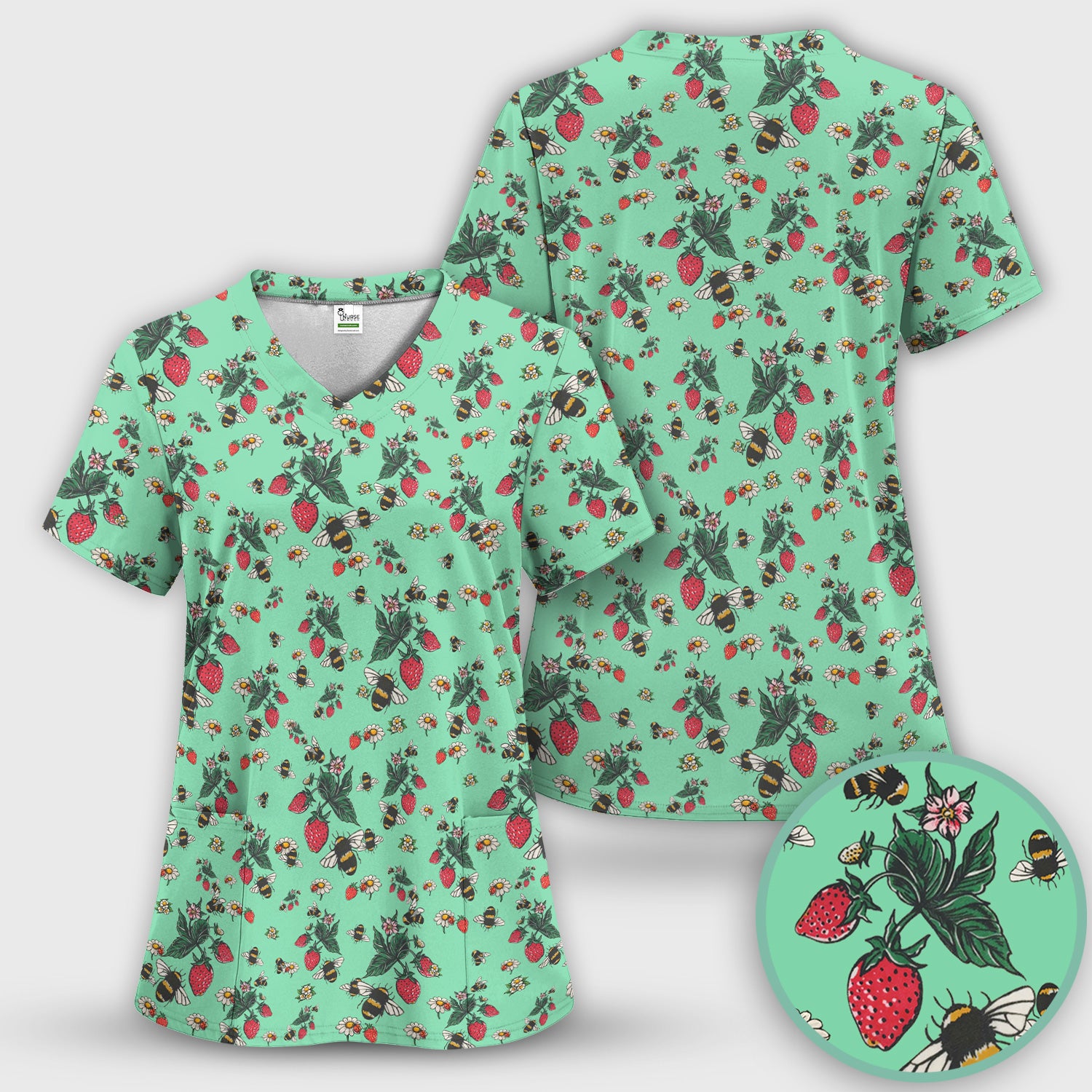 Cute Strawberry Bee Daisy Floral Pattern Scrub Set, Scrub Pants and V Neck Top