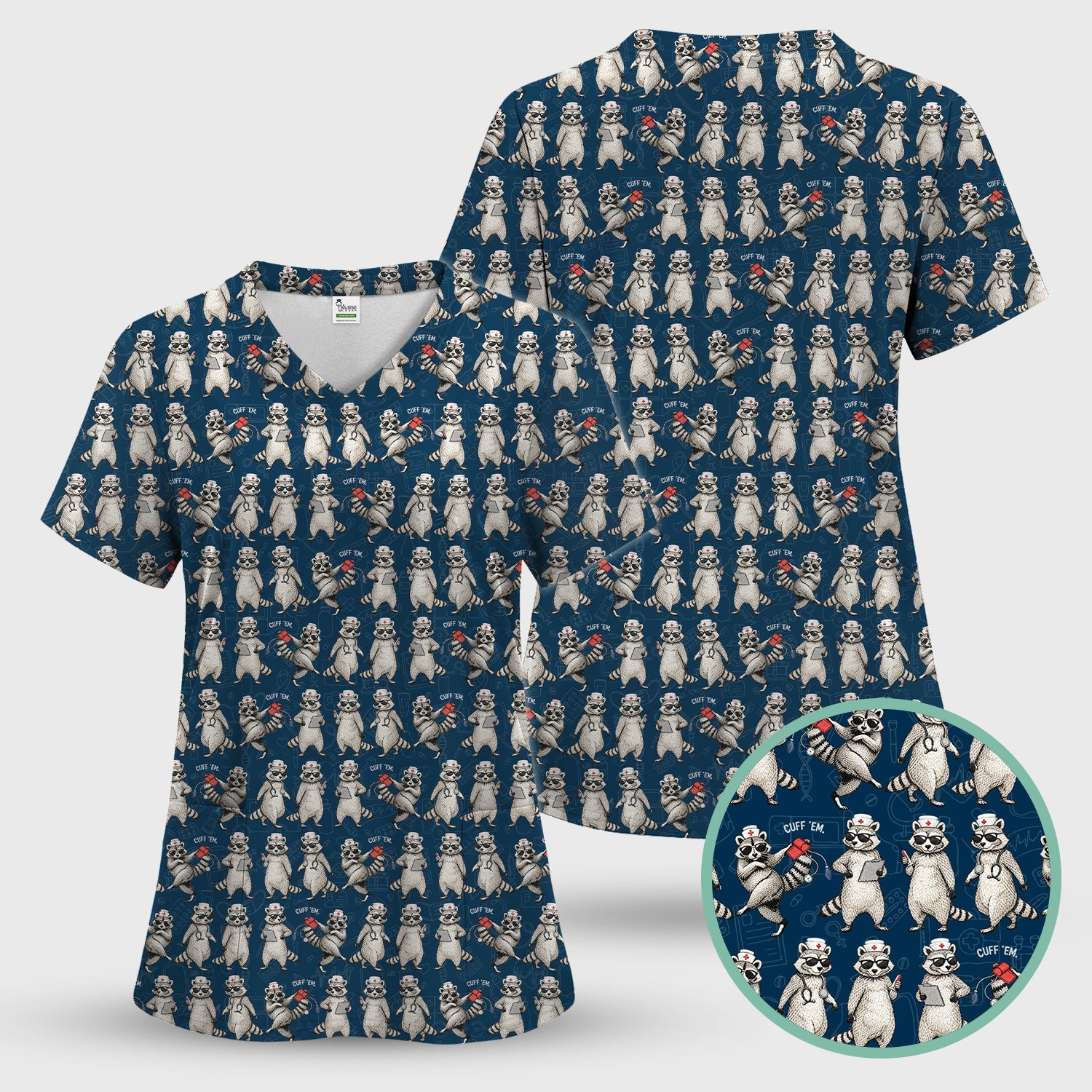 Funny Raccoon Nurse Pattern Scrub Top, Comfortable Scrubs For Nurses