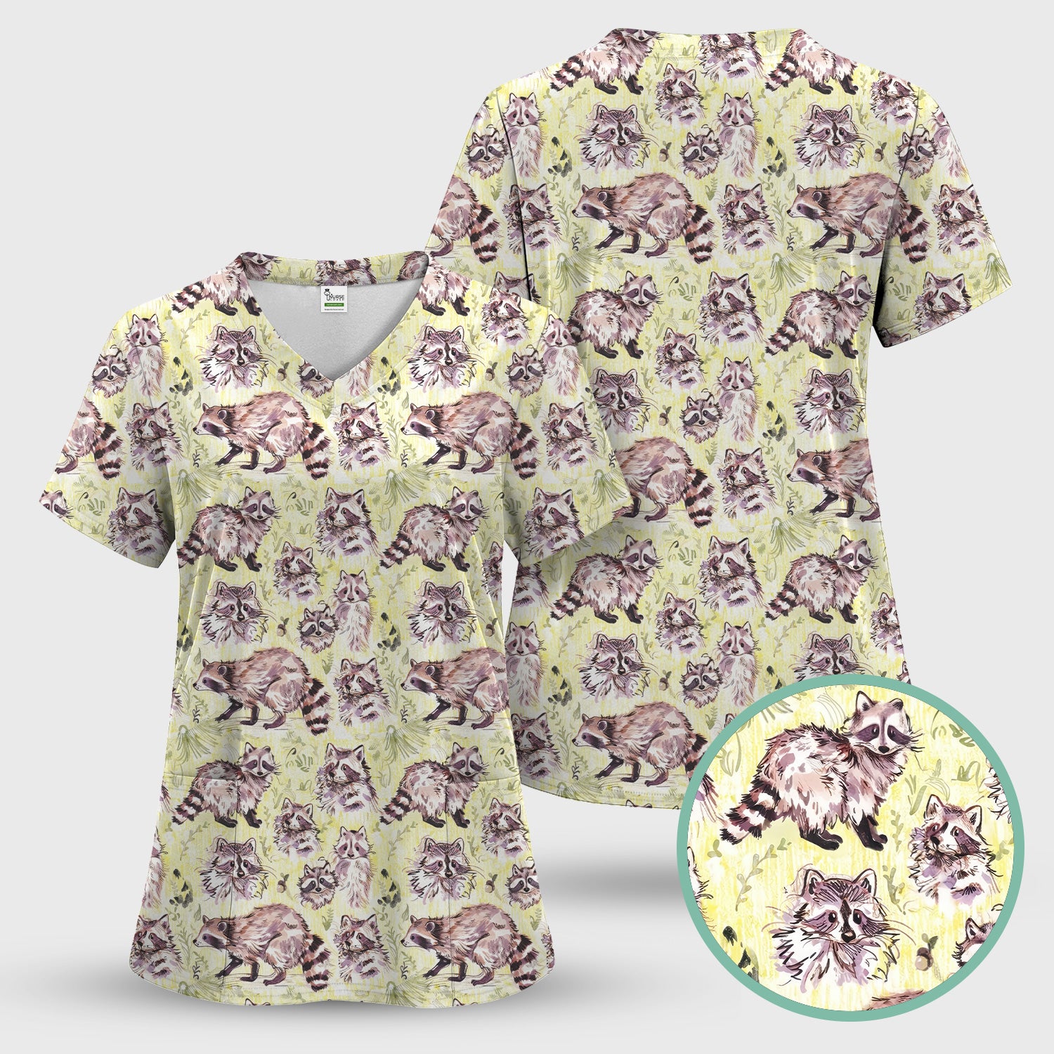 Cute Woodland Raccoon Forest Animal Pattern Scrub Set, Scrub Pants and V Neck Top