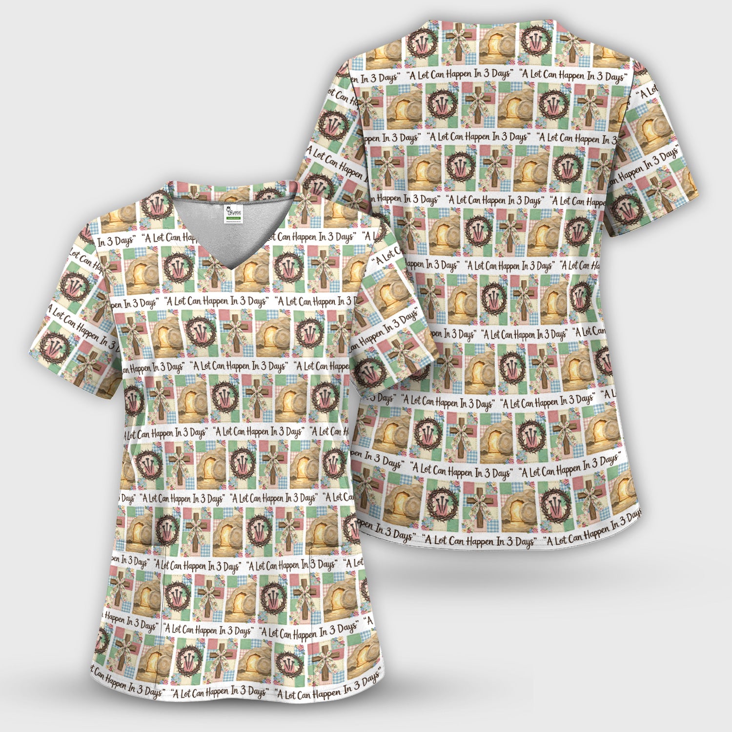 Christian Easter Cross Print Scrub Top, Breathable Fabrics Nursing Uniform