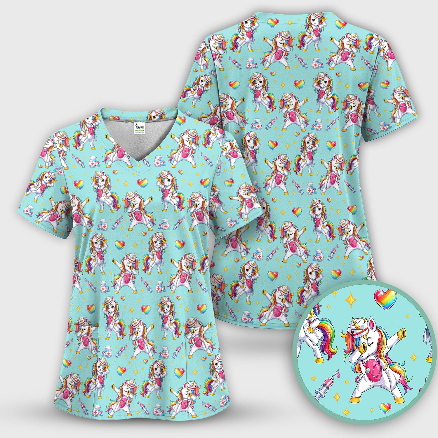 Playful Nurse Unicorn Rainbow Pattern Scrub Top, Comfortable Scrubs for Nurses