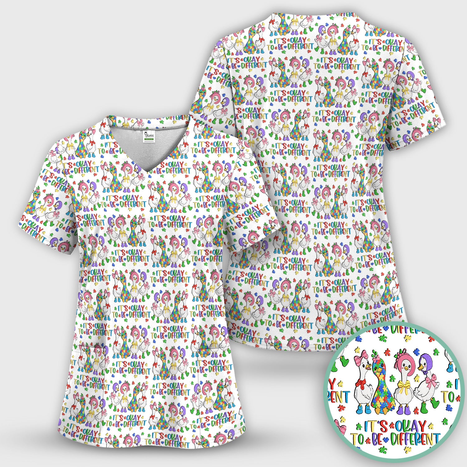 It’s Okay To Be Different Duck Pattern Scrub Top, Comfortable Scrubs For Nurses