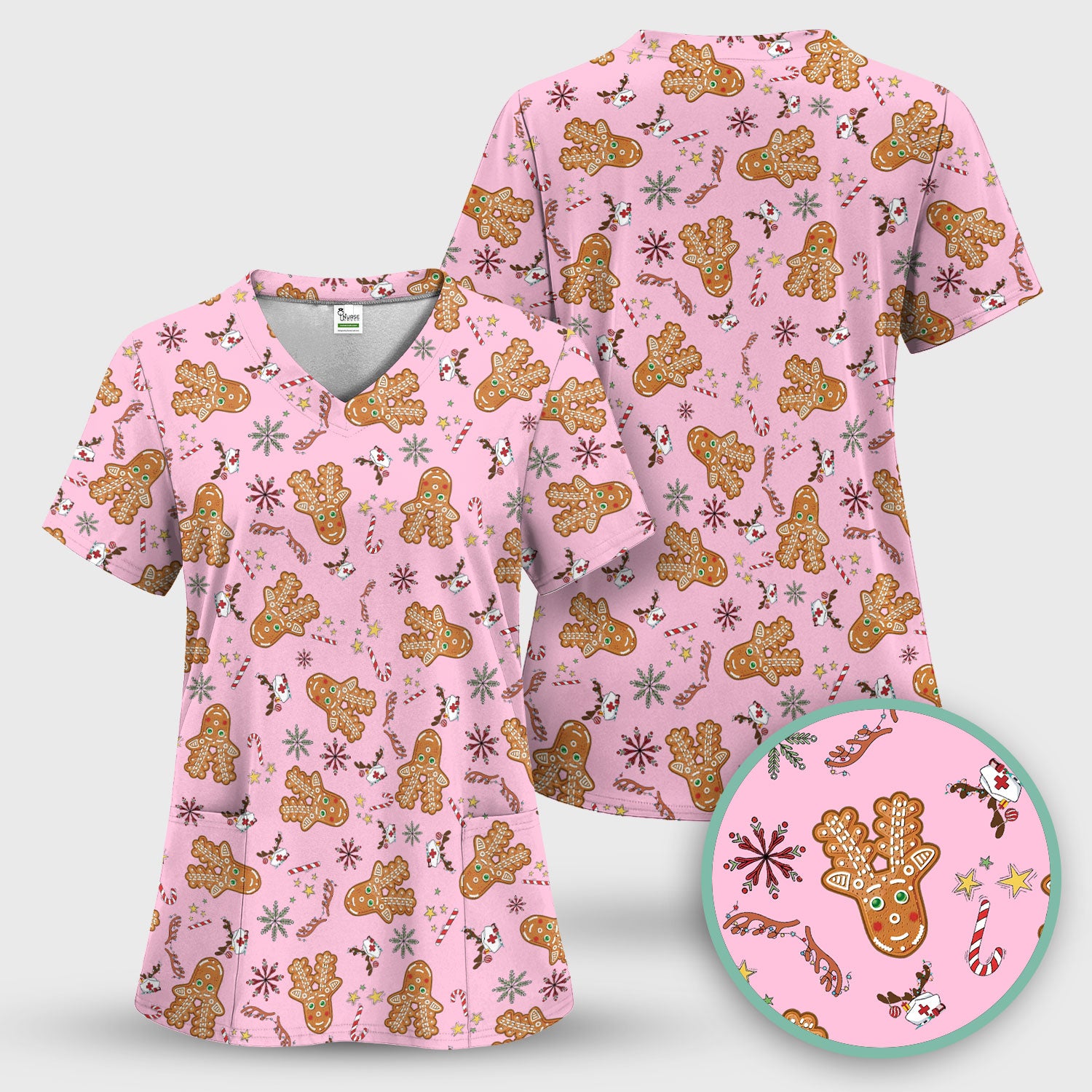 Gingerbread Cookies Reindeer Scrub Top - Funny Christmas Gingerbread Nursing Uniform - Comfortable Scrubs for Nurses
