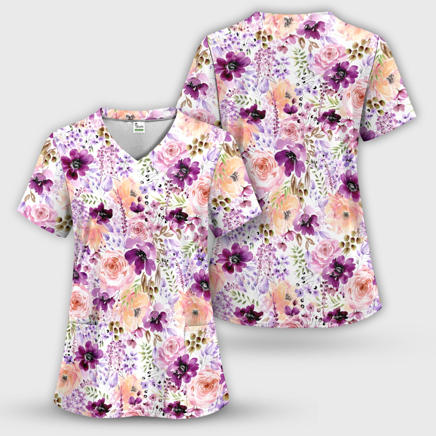 Elegant Watercolor Floral Bloom Scrub Top, Comfortable Scrubs for Nurses