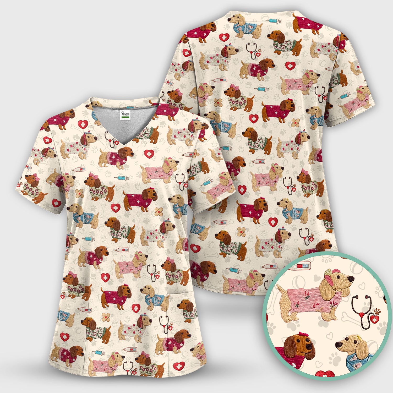 Cute Medical Wiener Dog Pattern Nurse Shirt, Dachshund Nursing Scrub Top, Breathable Fabrics Nursing Uniform