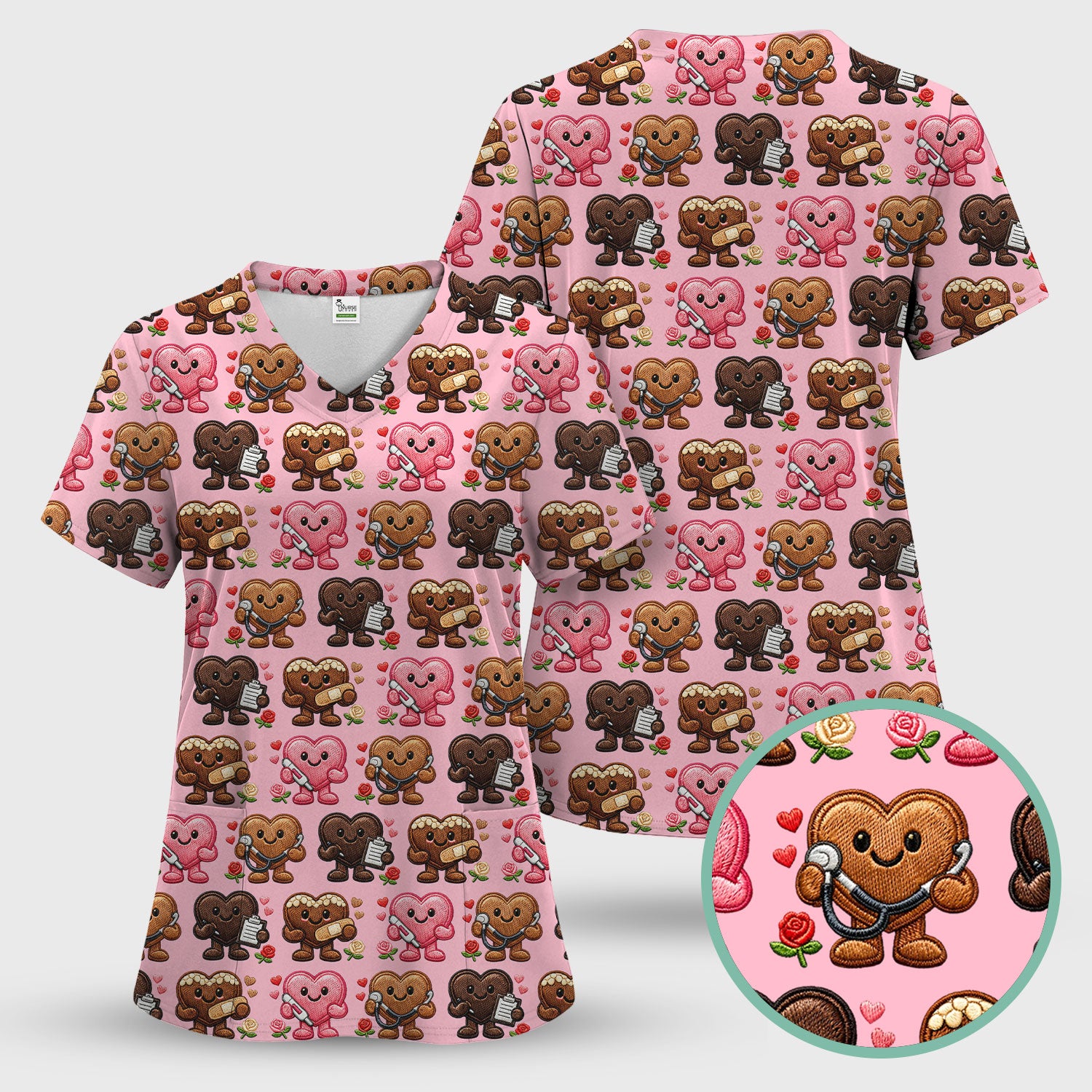 Valentine Heart Nurse Scrub Top, Cute Medical Love Pattern Shirt, Breathable Fabrics Nursing Uniform