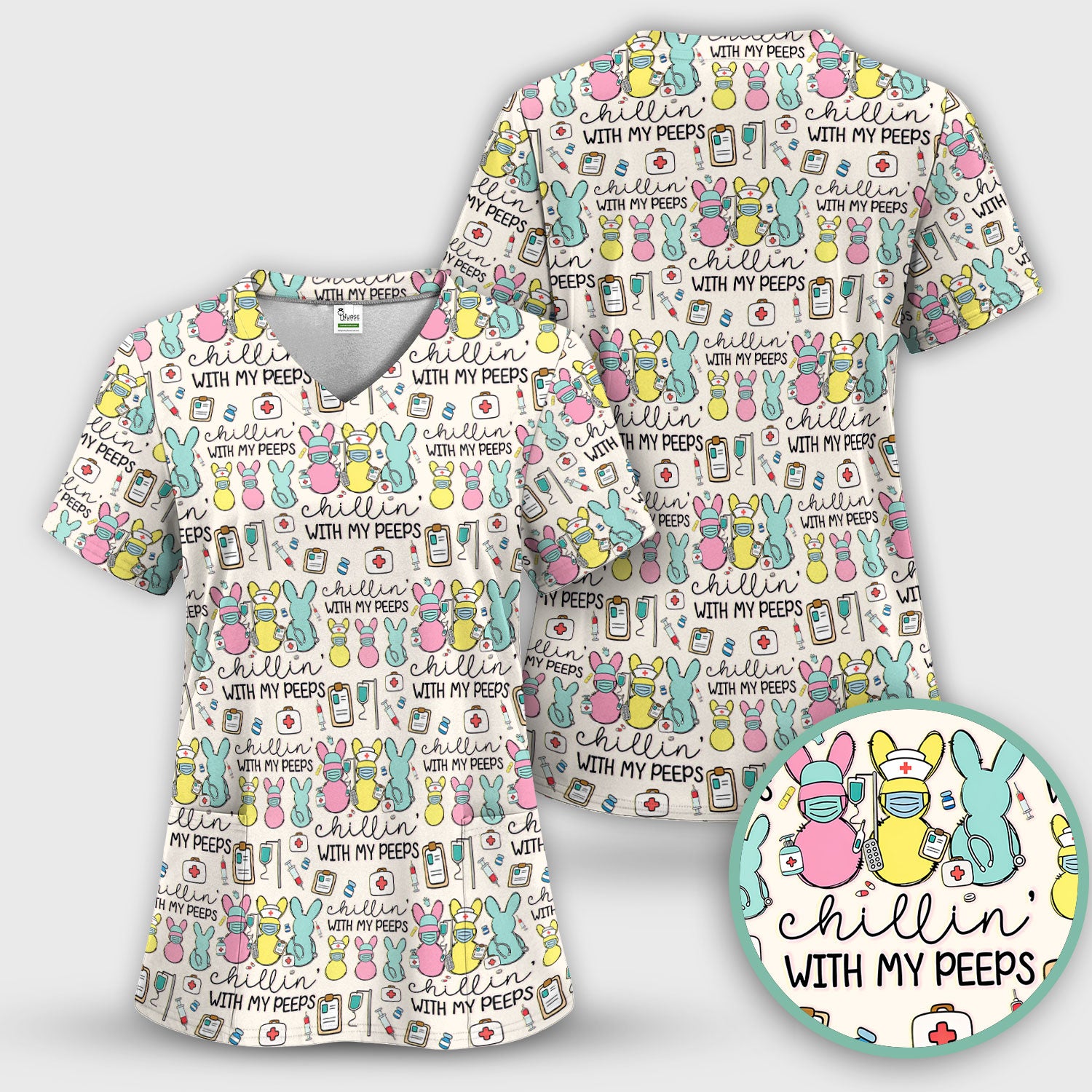 Cute Bunny Nurse Chillin With My Peeps Scrub Top, Comfortable Scrubs for Nurses, Easter