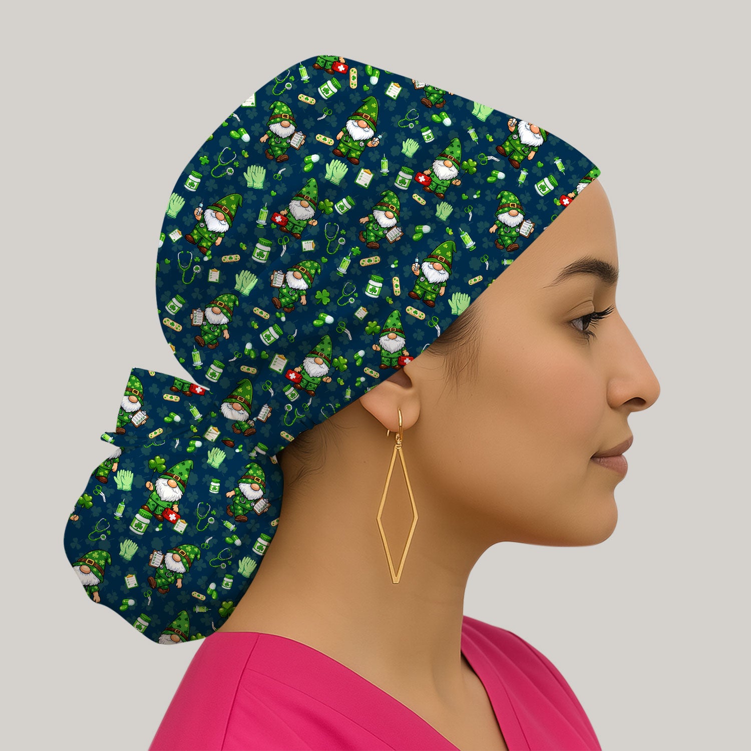 St. Patrick’s Day Nurse Gnome Scrub Cap, Green Lucky Medical Pattern Nurse Hat, Breathable Fabrics Nursing Uniform