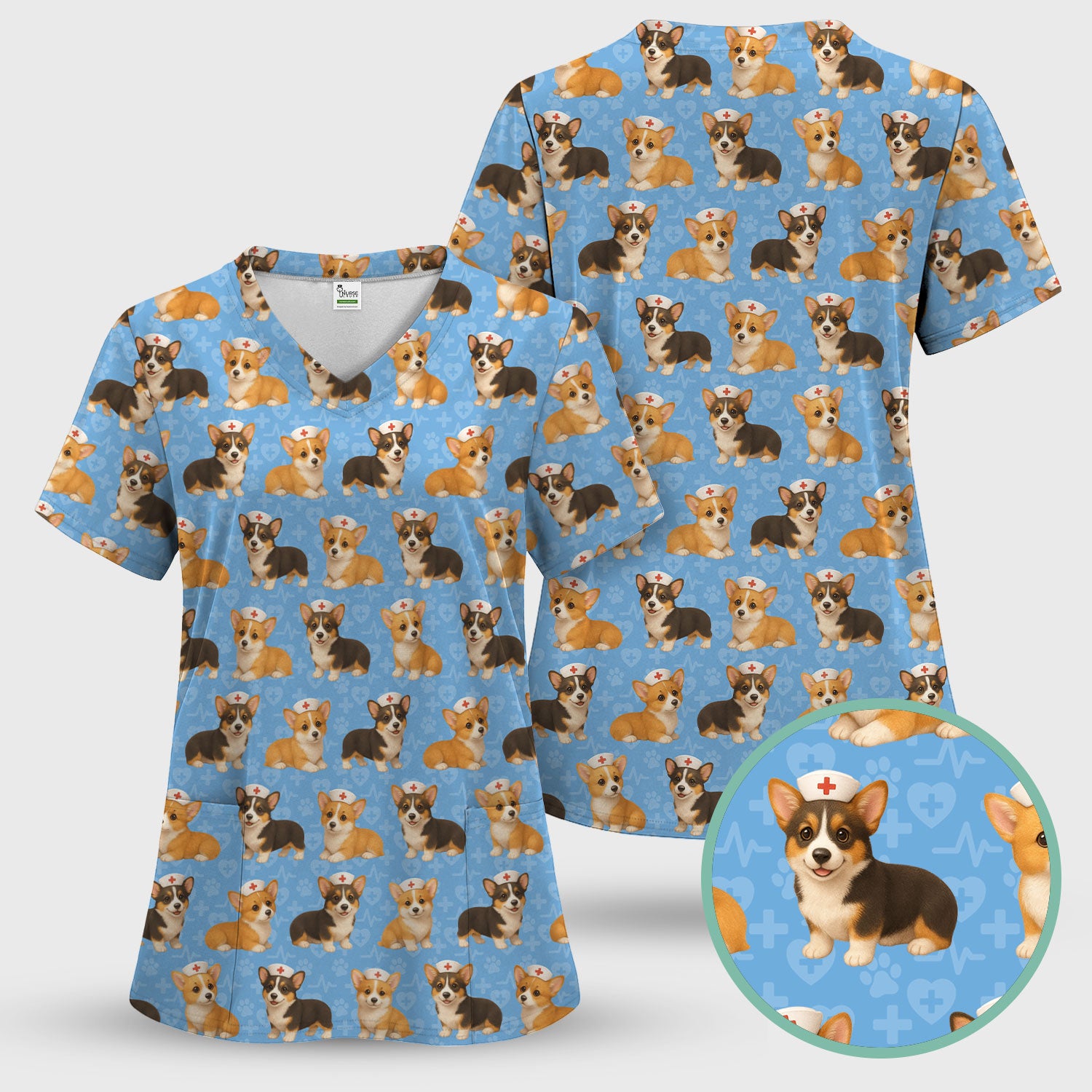 Christmas Corgi Scrubs Pattern for Women - Cute Dog Scrubs Top & Pants Set - Festive Nurse Holiday Print Medical Scrubs