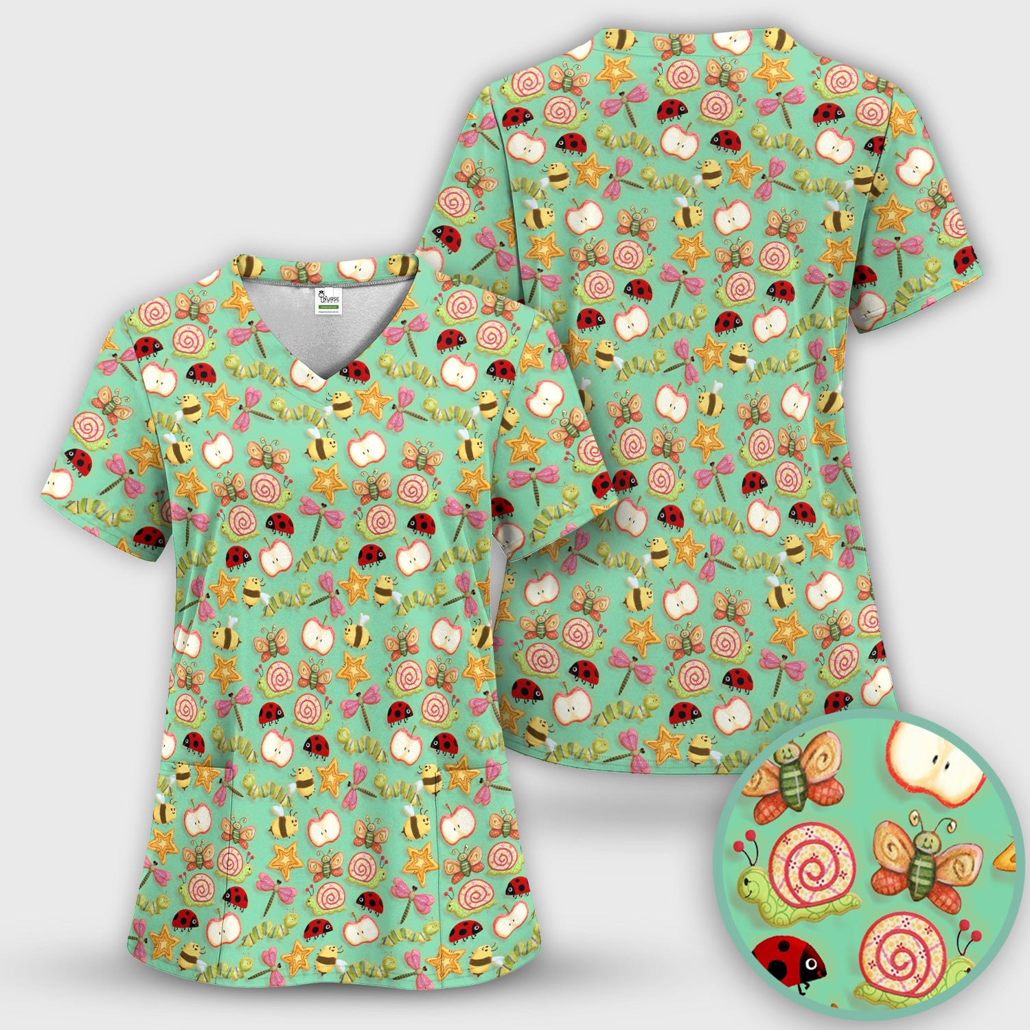 Cute Nurse Snail Ladybug Caterpillar Apple Garden Pattern Scrub Top, Breathable Fabrics Nursing Uniform