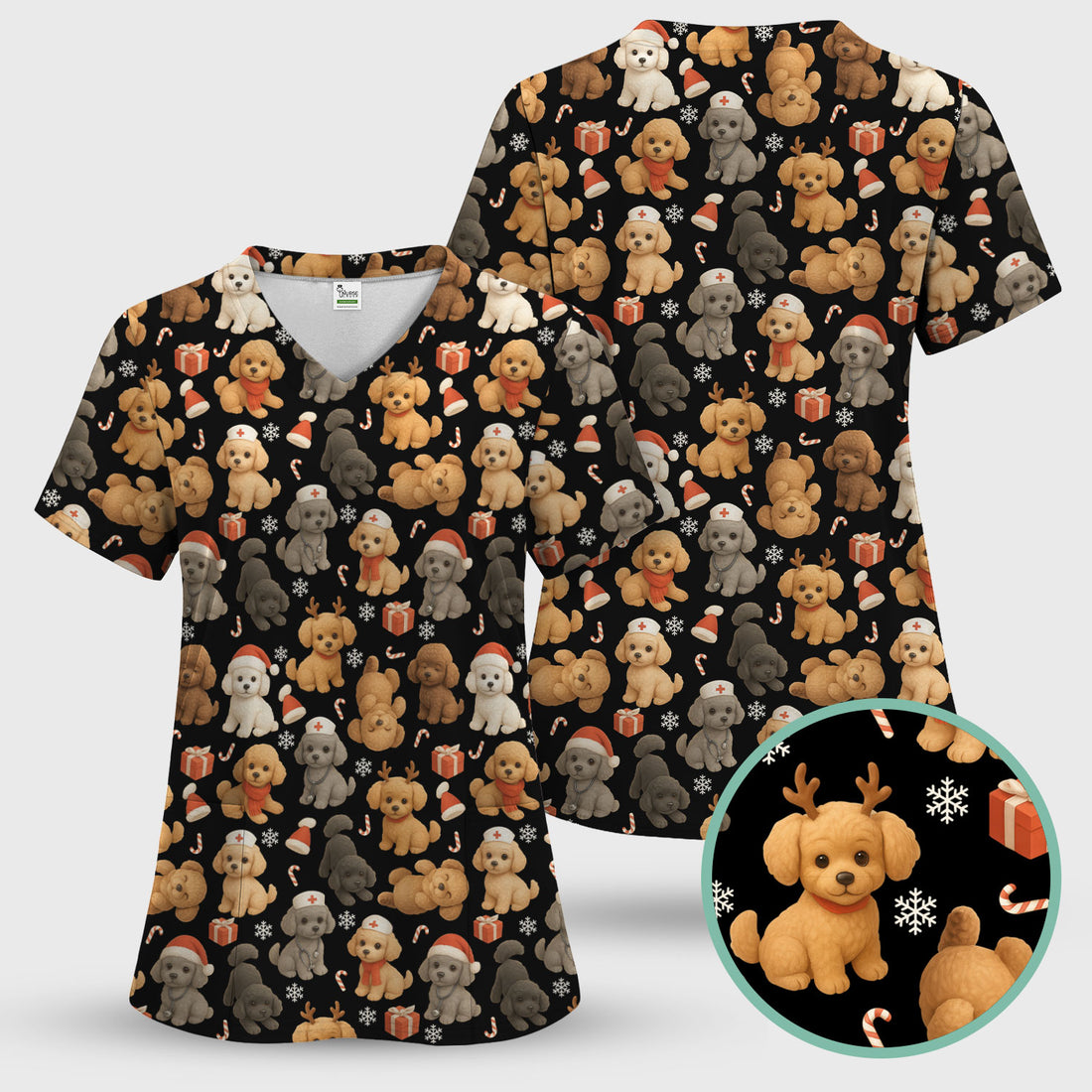 Christmas Poodle Scrubs for Women - Cute Dog Pattern Medical Scrub Top - Festive Holiday Christmas Scrubs with Adorable Poodle Design