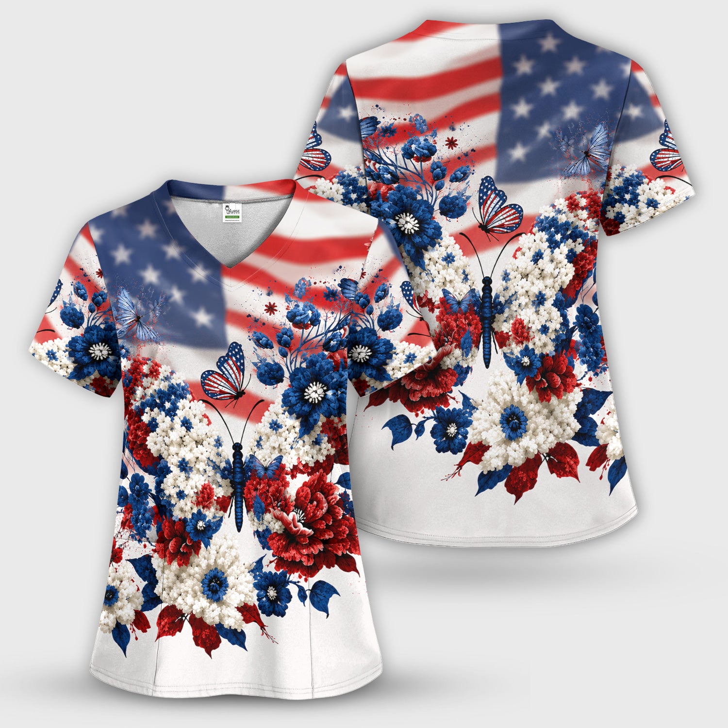 Patriotic Butterfly with Floral Print Scrub Top, Comfortable Scrubs for Nurses