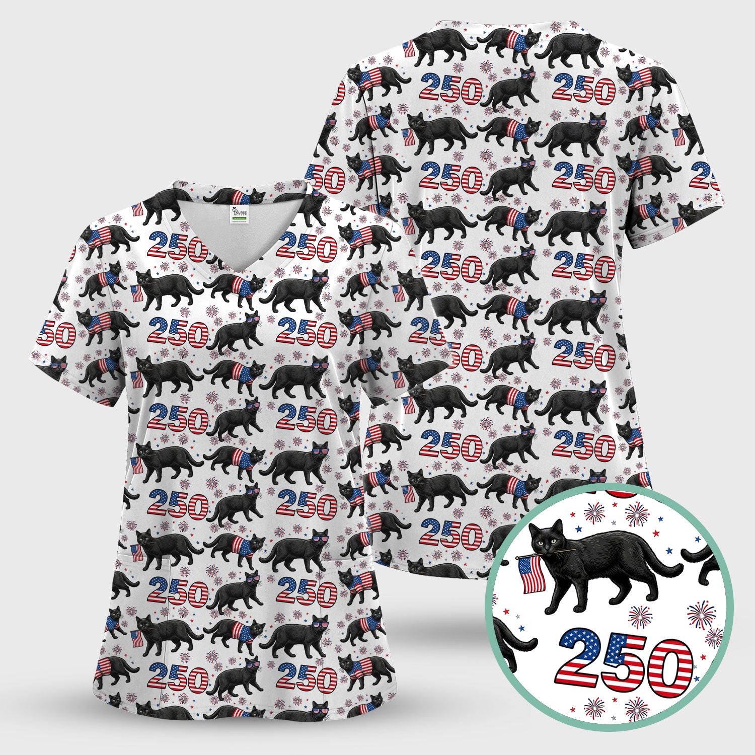 Black Cat 250 USA Flag Fireworks Pattern Scrub Sets, Scrub Pants and V Neck Top