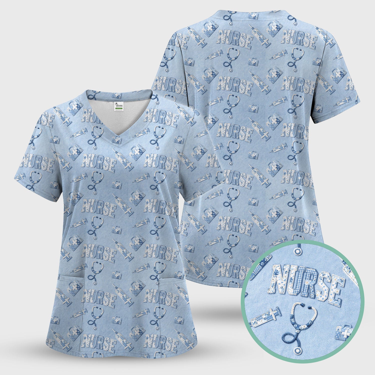 Blue Nurse Medical Pattern Scrub Set, Scrub Pants and V Neck Top