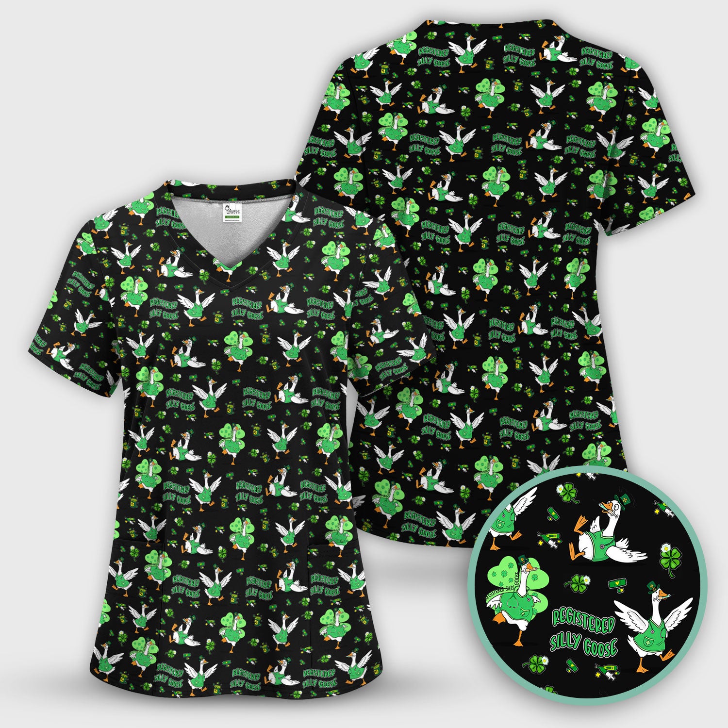 Silly Goose St. Patrick’s Day Scrub Top, Funny Goose Shamrock Pattern Nurse Scrub Shirt, Irish Green Nursing Uniform