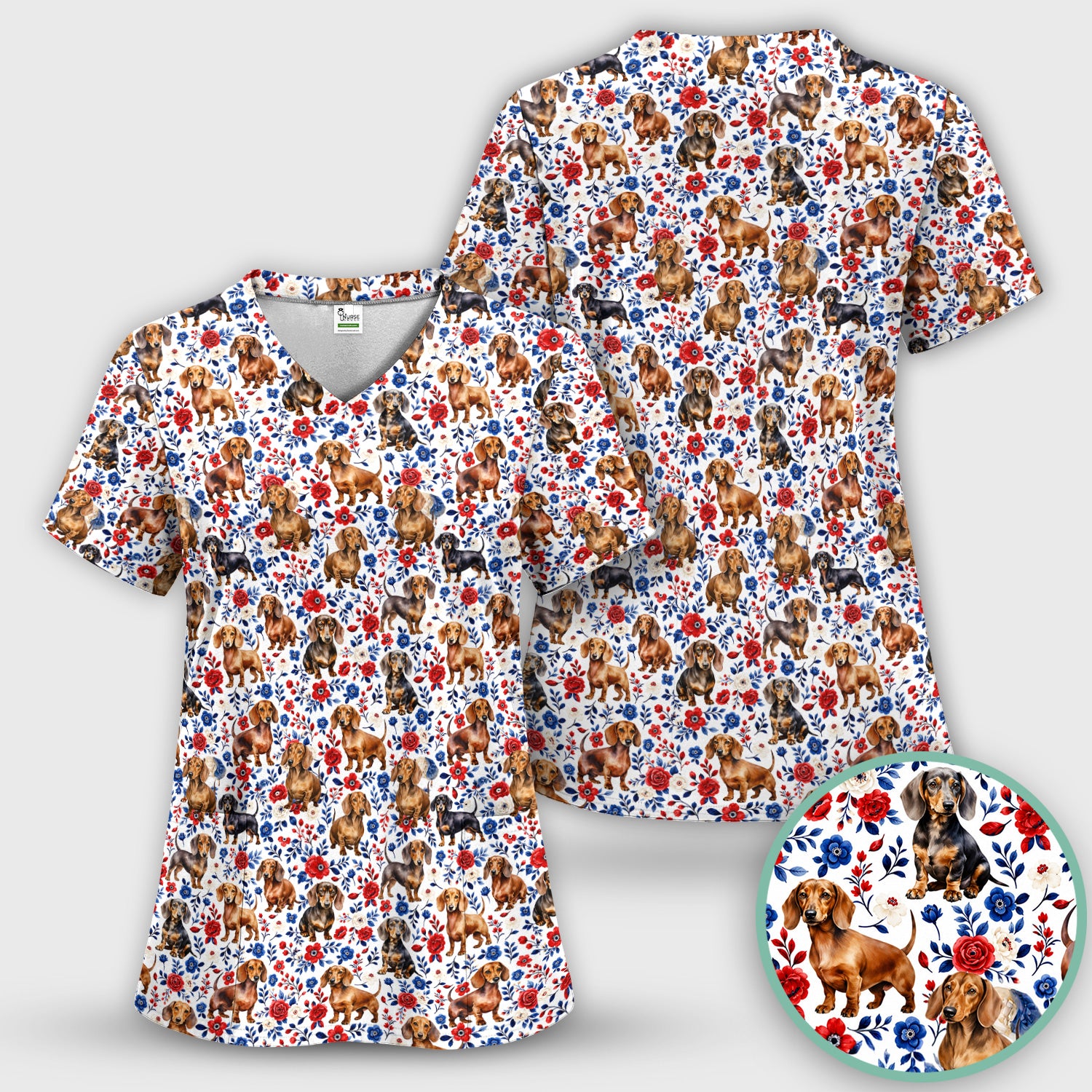 Floral Dachshund Nurse Pattern Scrub Set, Scrub Pants and V Neck Top