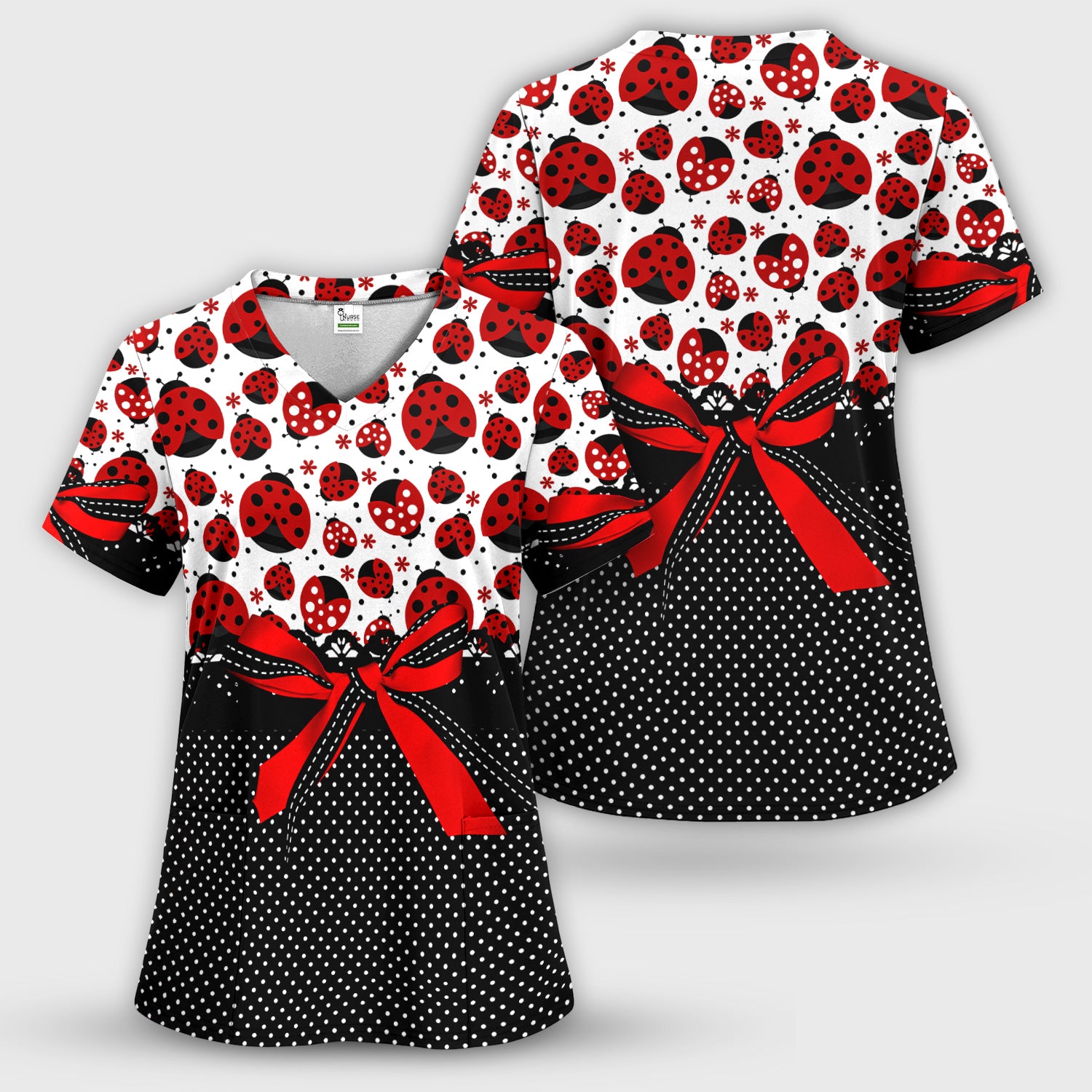 Cute Ladybug Red Ribbon Polka Pattern Scrub Top, Breathable Fabrics Nursing Uniform