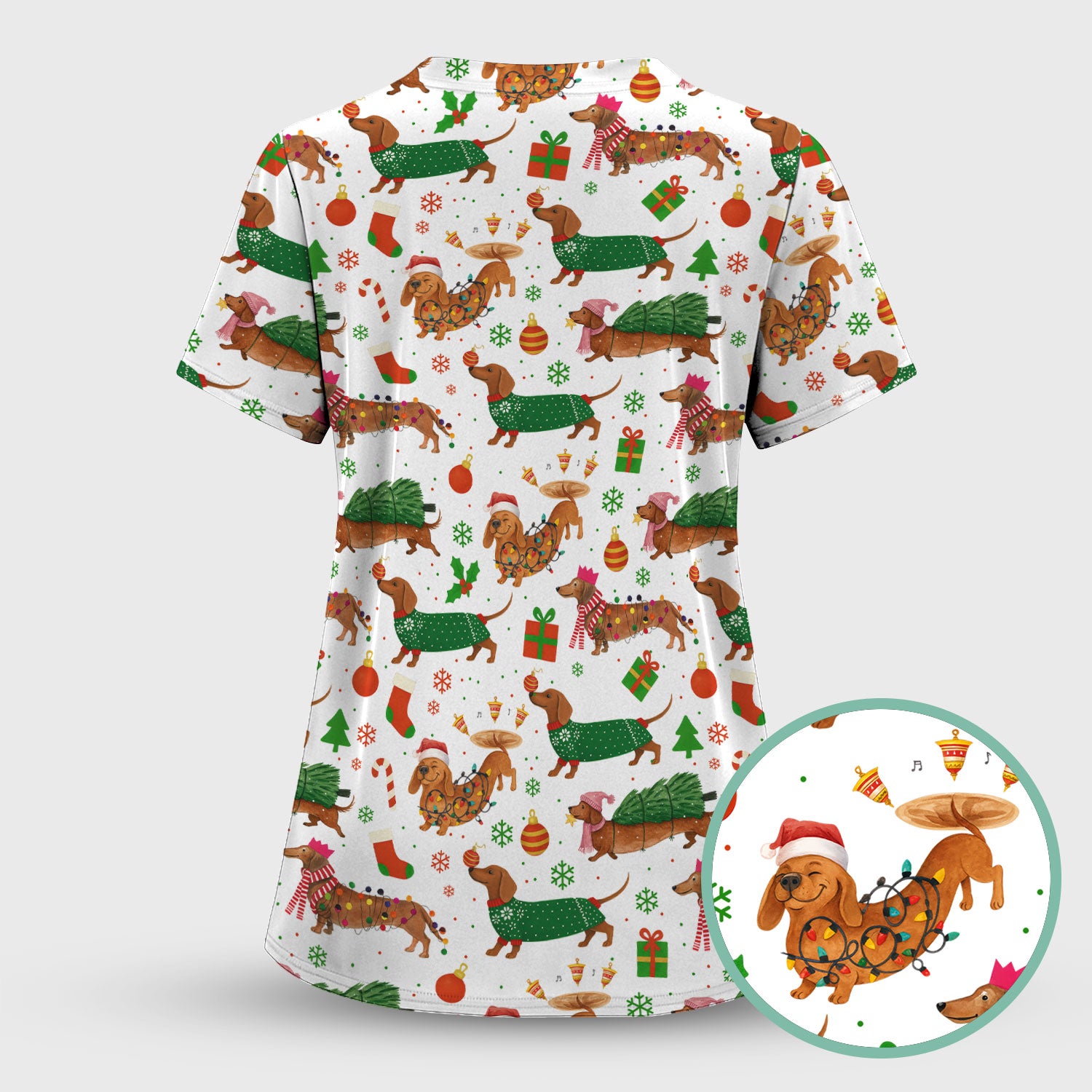 Christmas Dachshund Scrub Top - Funny Dog Scrub Shirt Multi Color - Holiday Medical Scrubs Gift for Nurse, CNA, RN, Doctor, Vet