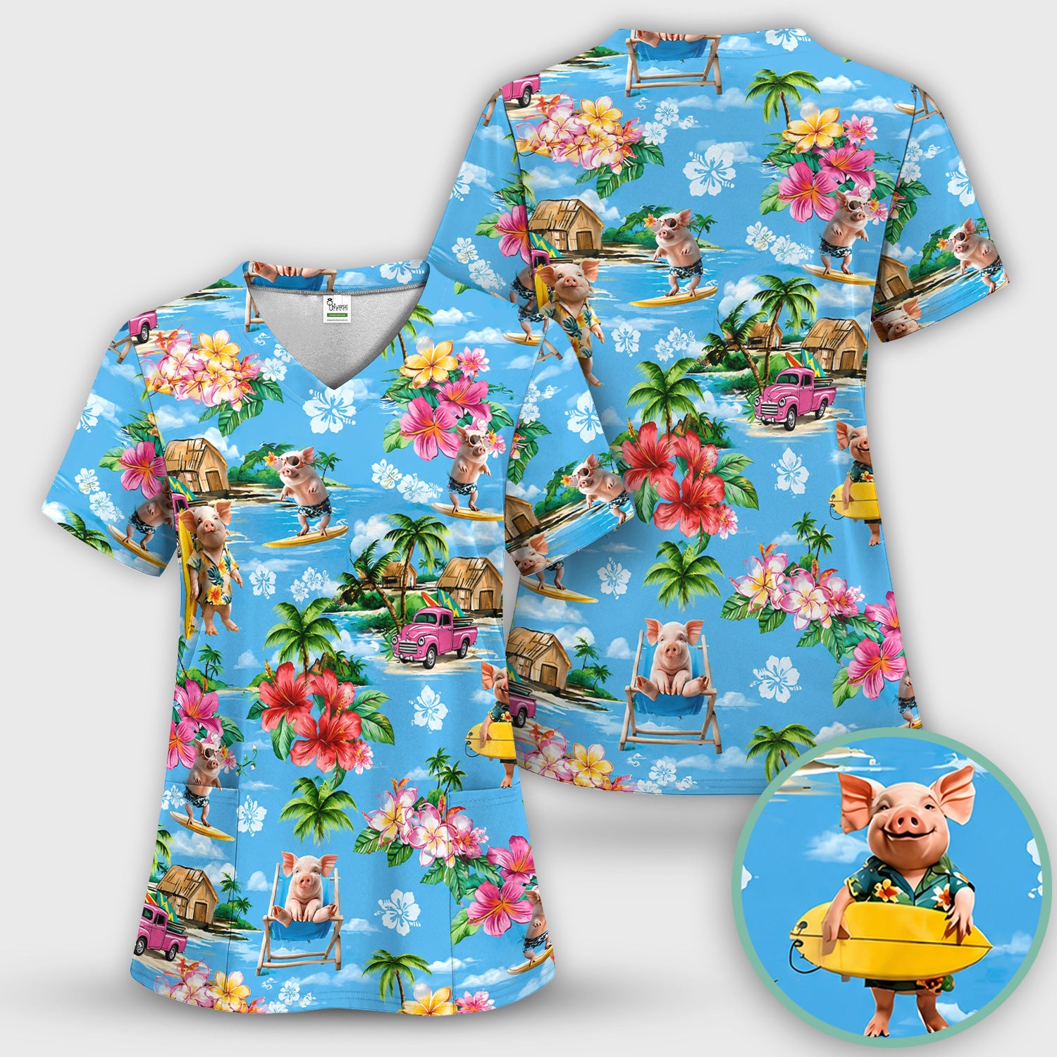 Tropical Surfing Pig Beach Pattern Scrub Set, Scrub Pants and V Neck Top