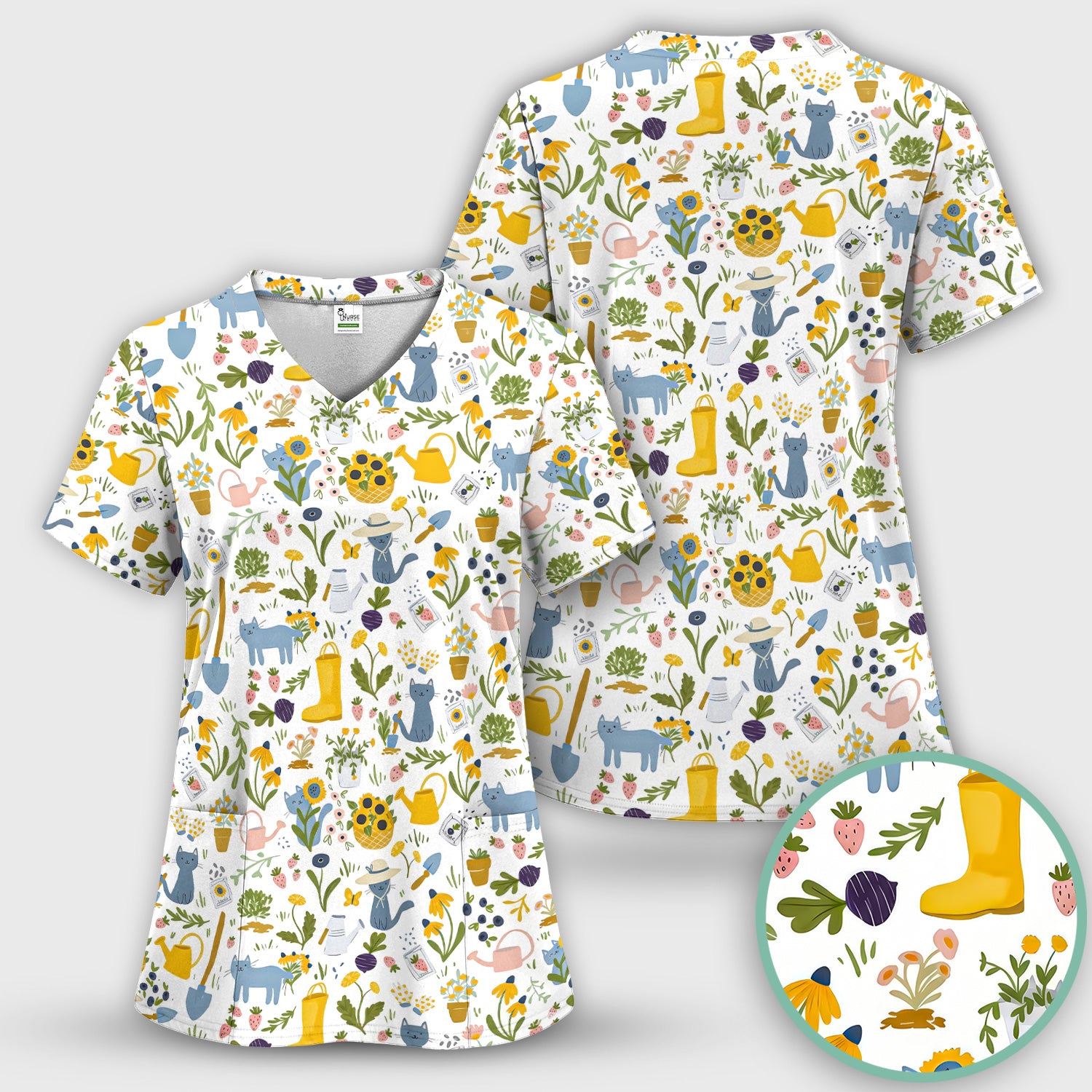 Cat Gardening Wildflower Tools Pattern Scrub Top, Comfortable Scrubs for Nurses