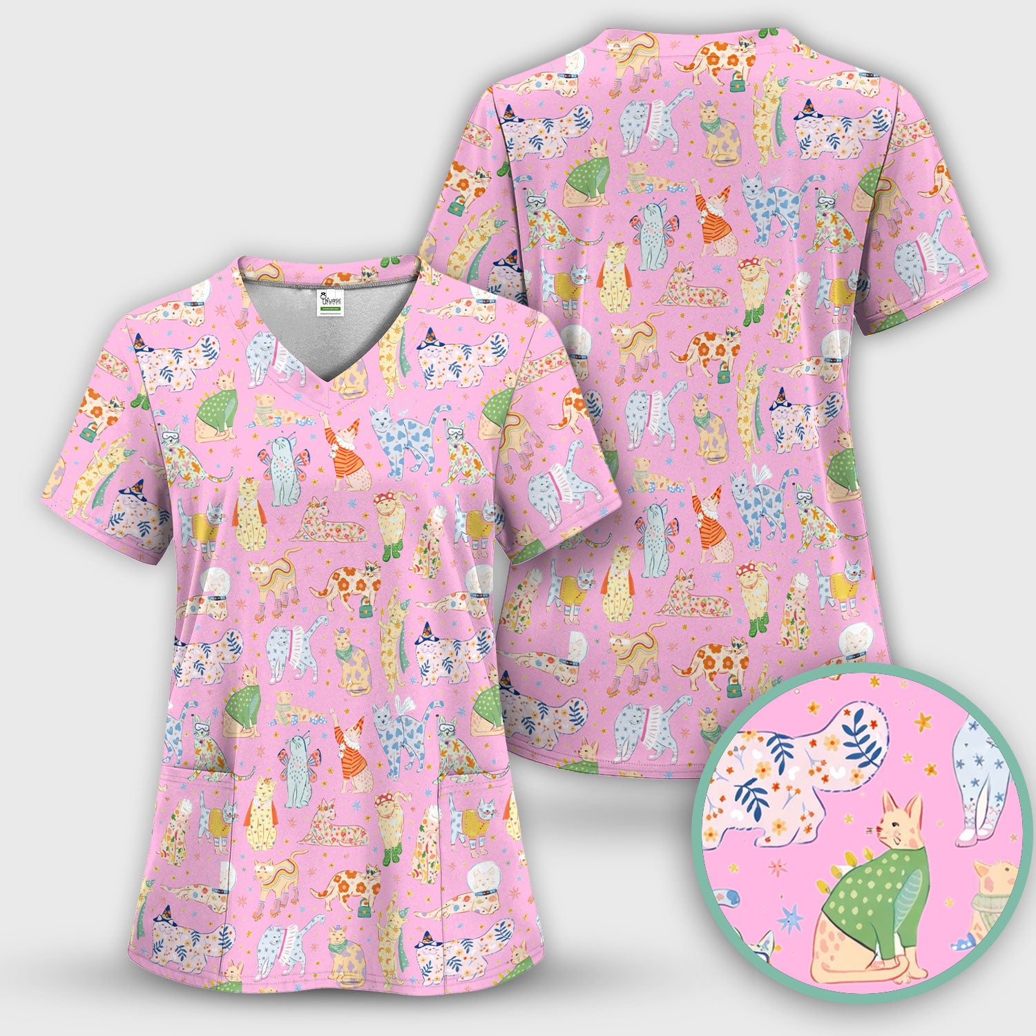 Colorful Pastel Cartoon Cats Print Scrub Top, Breathable Fabrics Nursing Uniform