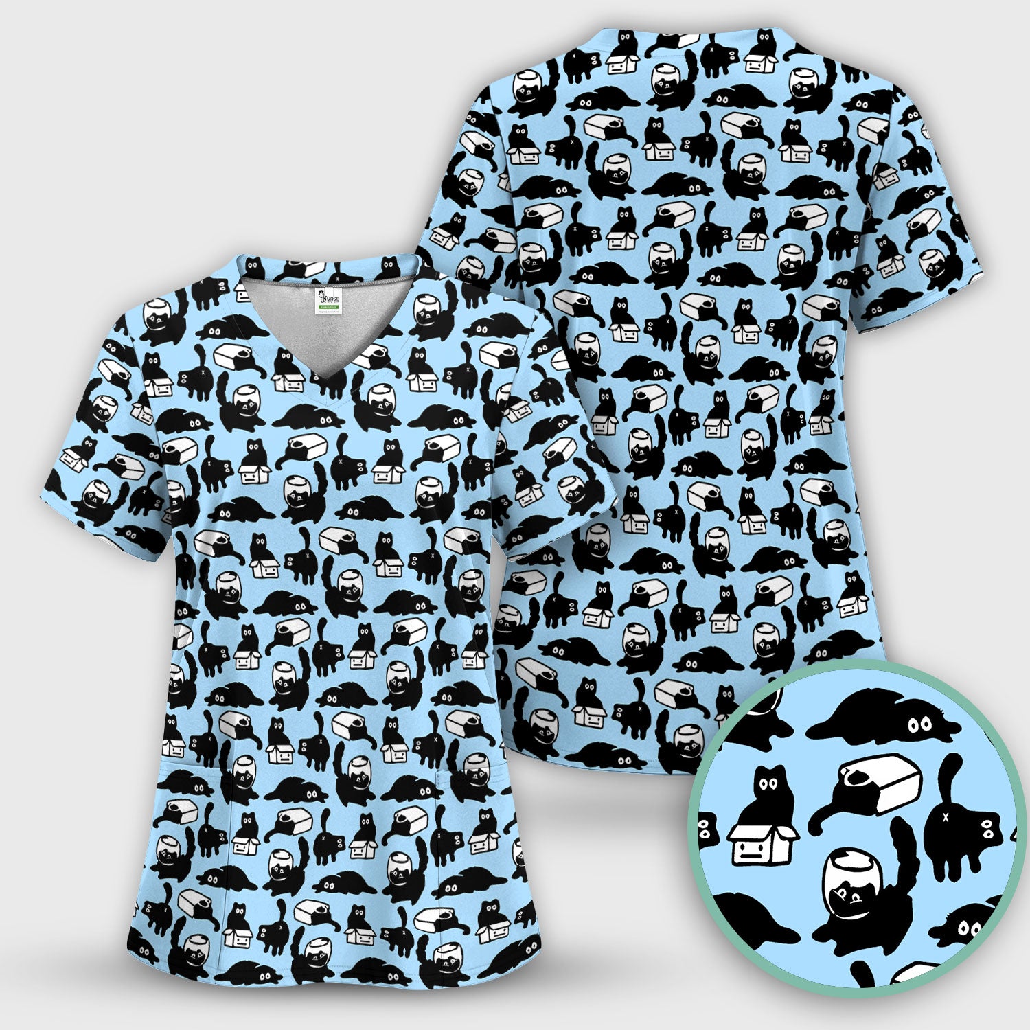 Dark Playful Cat Cartoon Pattern Scrub Top, Comfortable Scrubs for Nurses