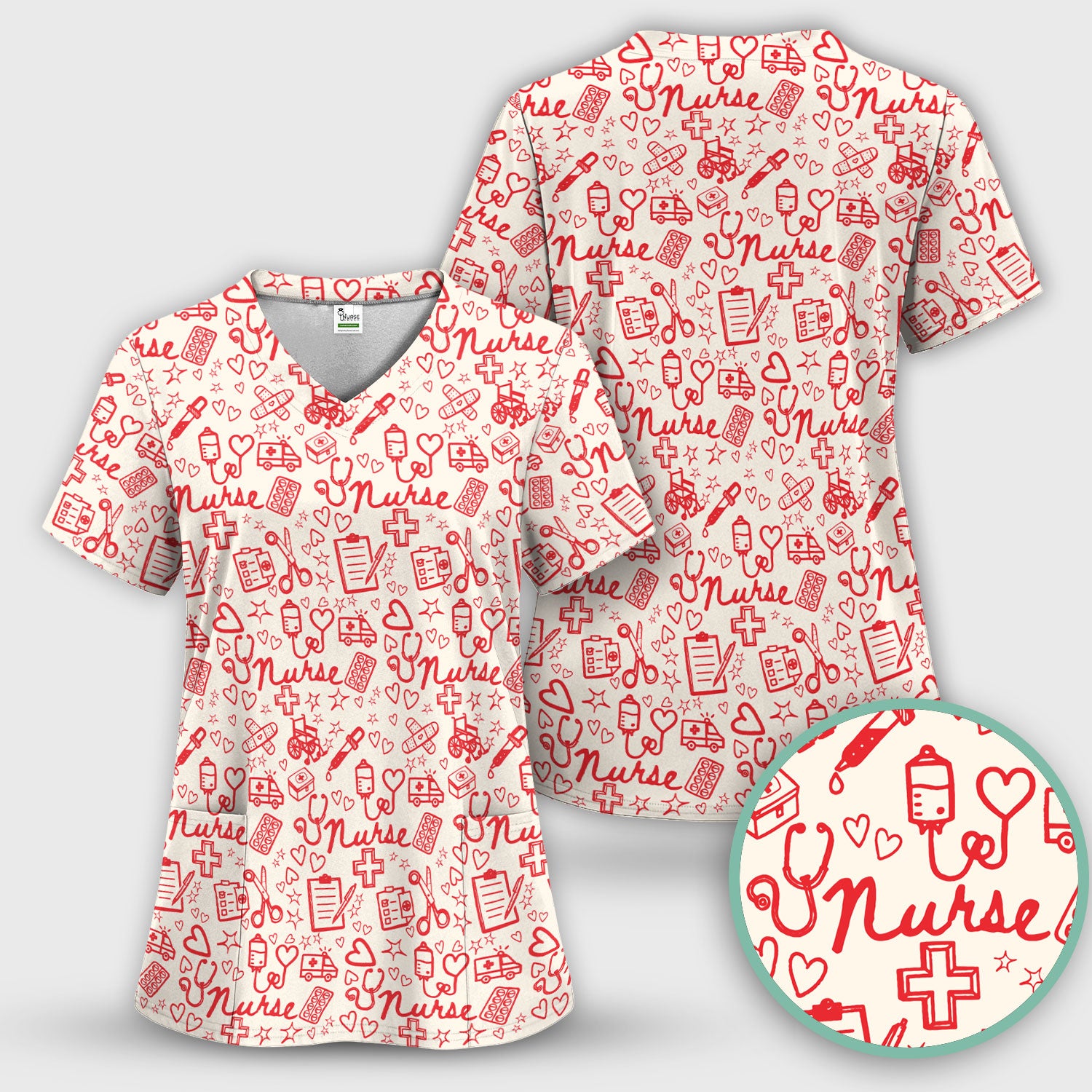 Cute Nurse Heart Medical Pattern Scrub Set, Breathable Med Uniform