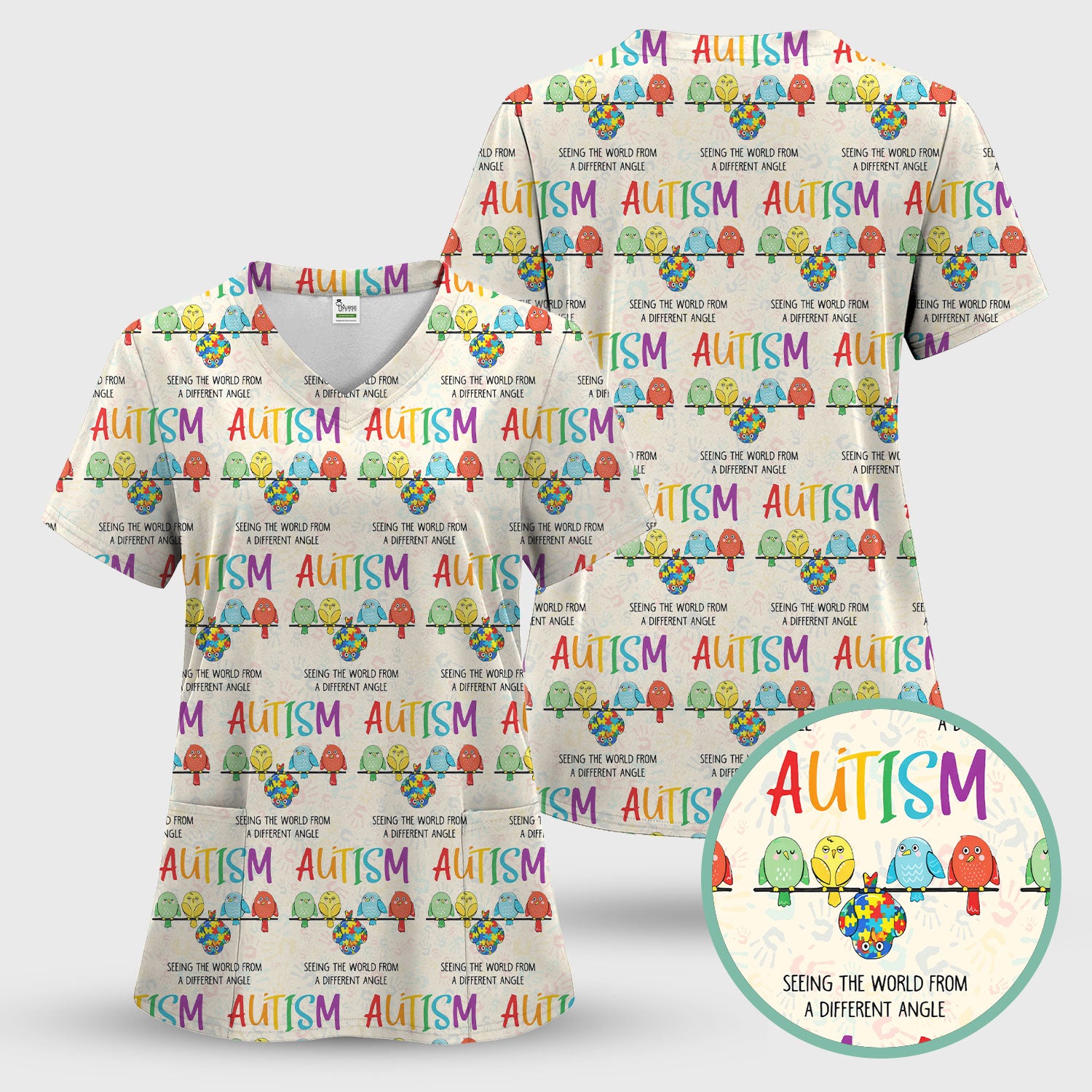 Autism Seeing The World From A Different Angle Birds Scrub Top ,Comfortable Scrubs for Nurses